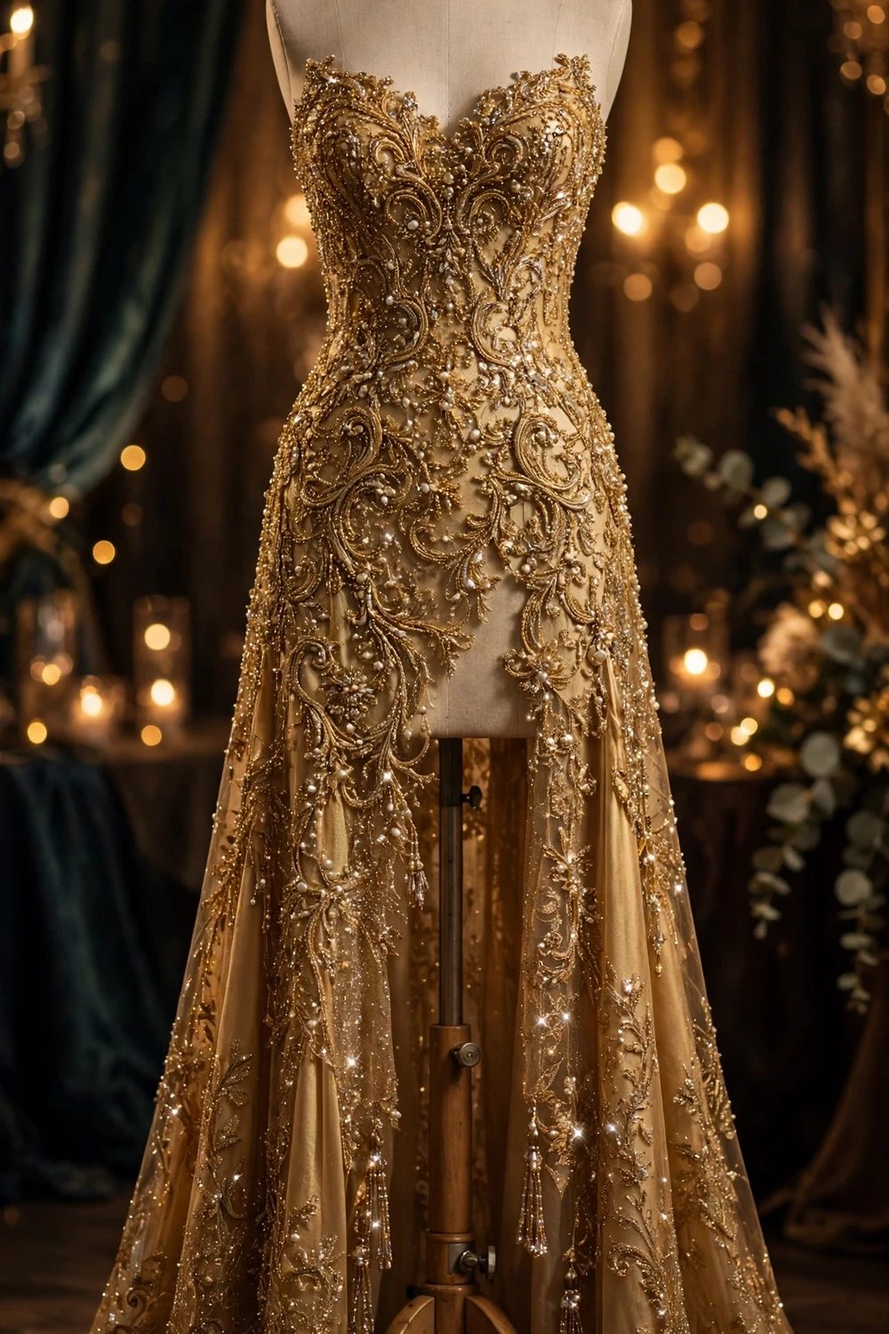 Generic illustration of a gold embellished evening gown with beadwork on a dress form