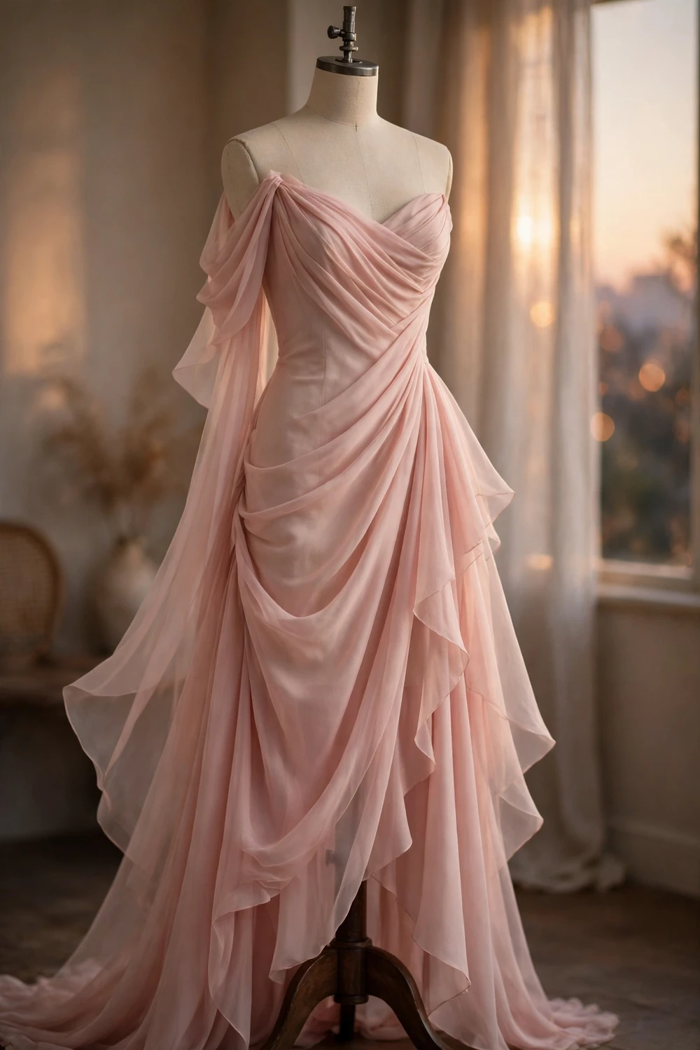 Generic illustration of a soft blush pink flowing evening gown on a dress form
