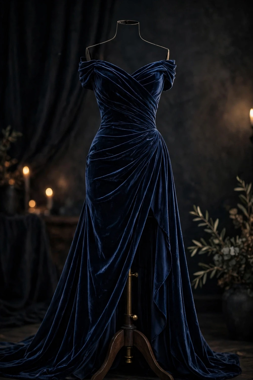 Generic illustration of a midnight blue velvet evening gown on a dress form