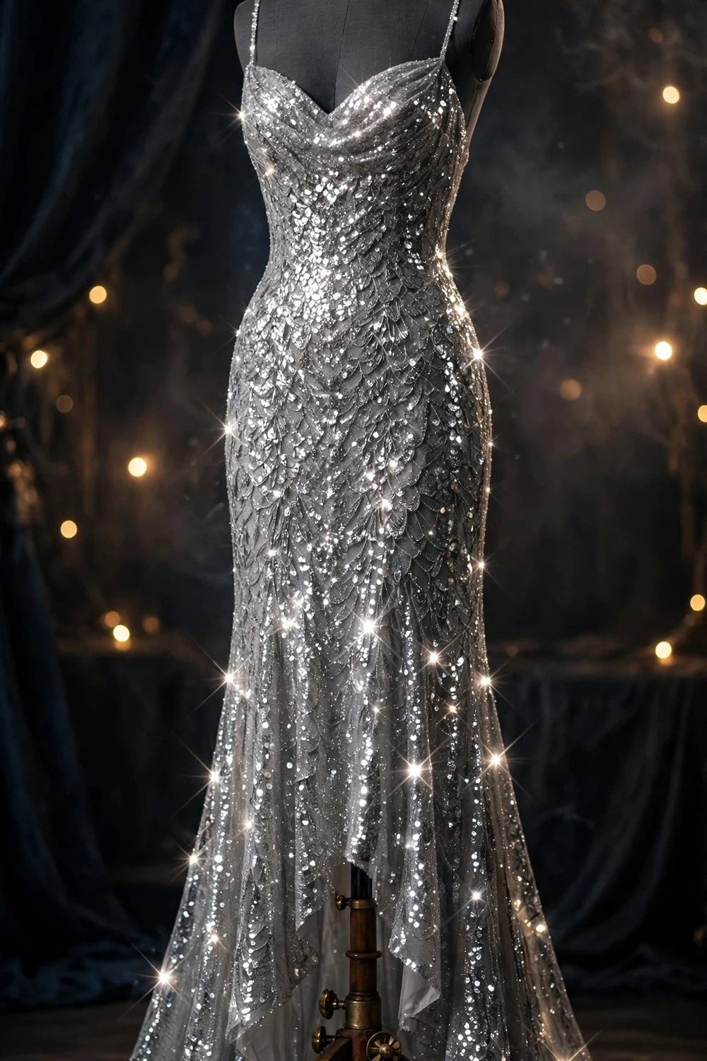 Generic illustration of a silver sequin sparkling evening gown on a dress form