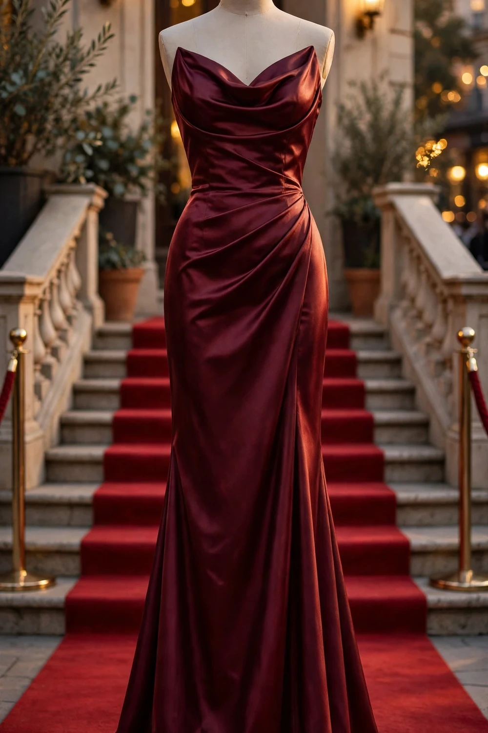 Generic illustration of a deep burgundy satin evening gown on a dress form with red carpet steps
