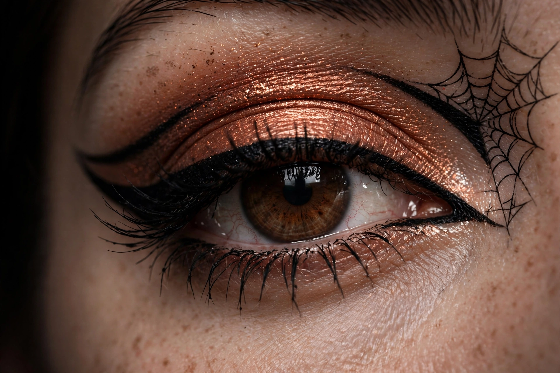 spiderweb eyeliner halloween makeup ideas with copper eyeshadow