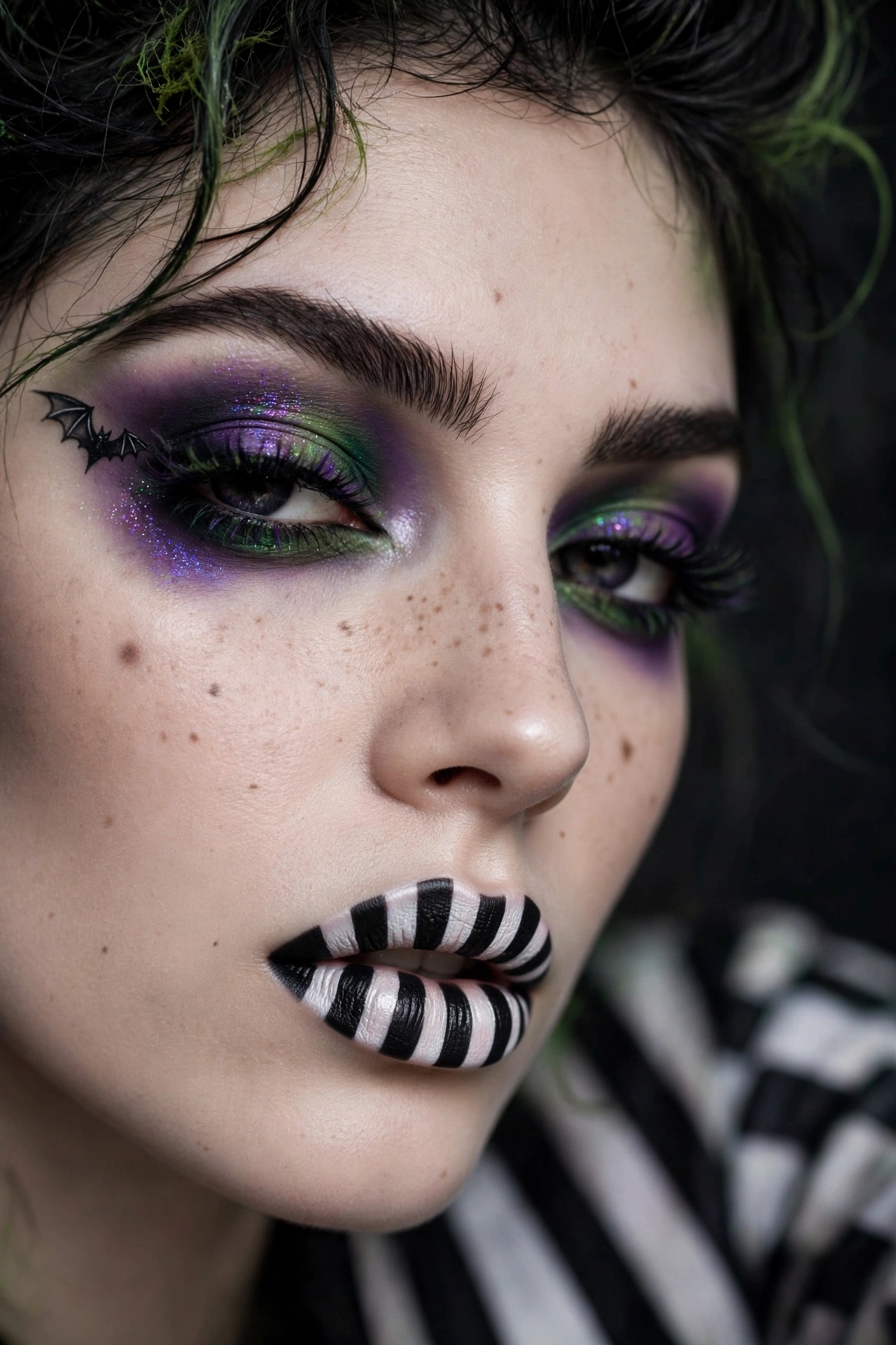 Beetlejuice striped lips halloween makeup ideas with purple and green eyes