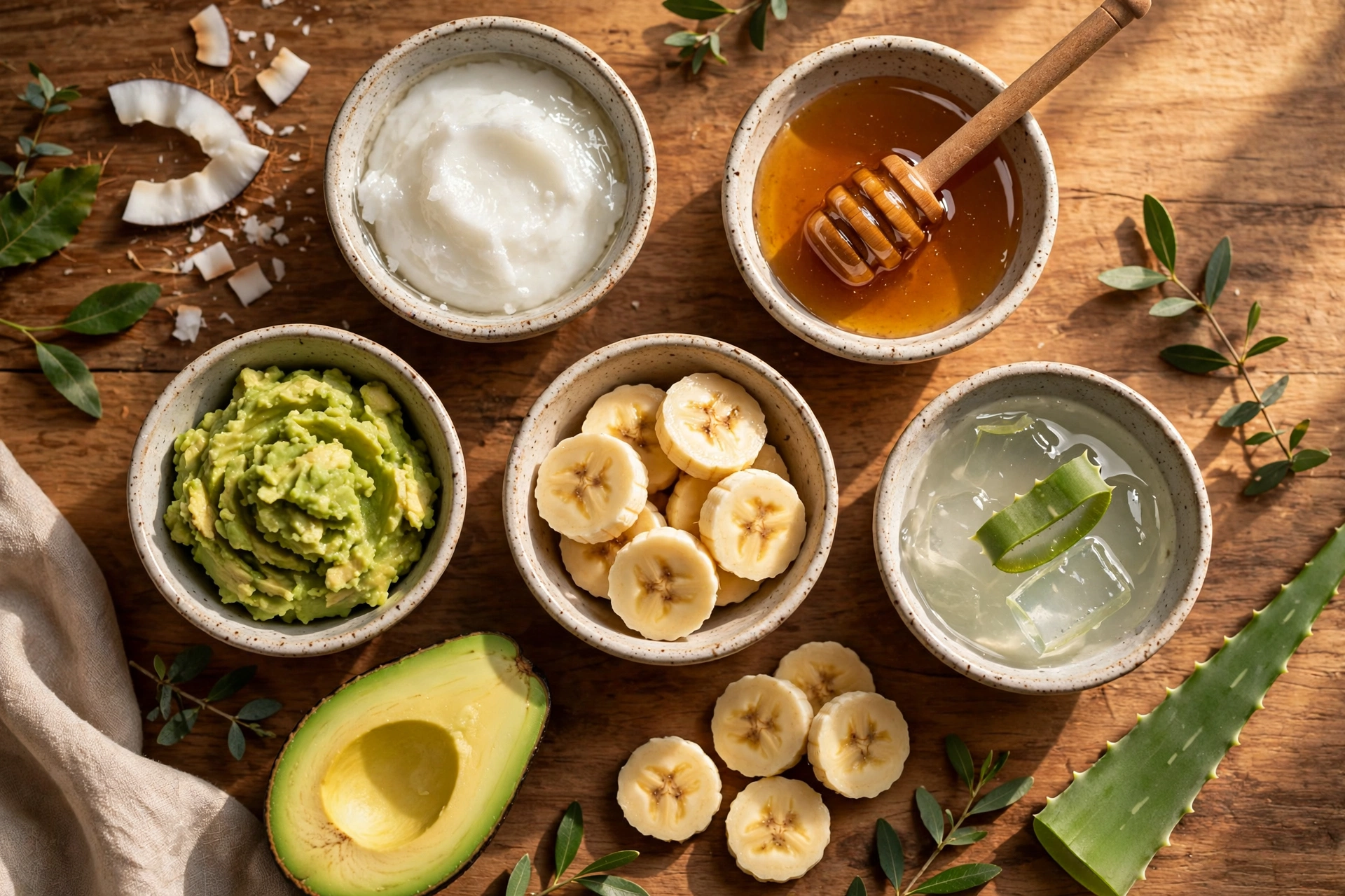 Natural ingredients for an overnight hair mask — coconut oil, honey, avocado, banana and aloe vera