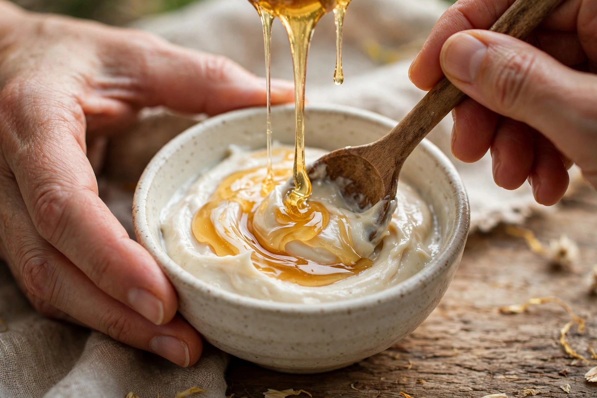 Hands mixing a creamy homemade overnight hair mask with honey in a ceramic bowl