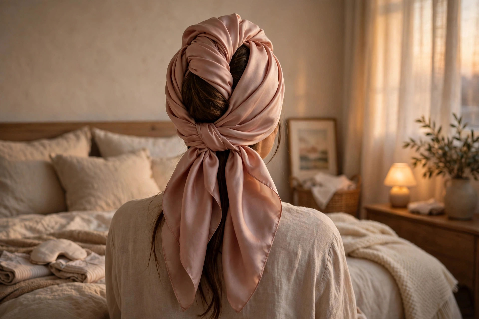 Woman sleeping with her hair wrapped in a silk scarf over an overnight hair mask