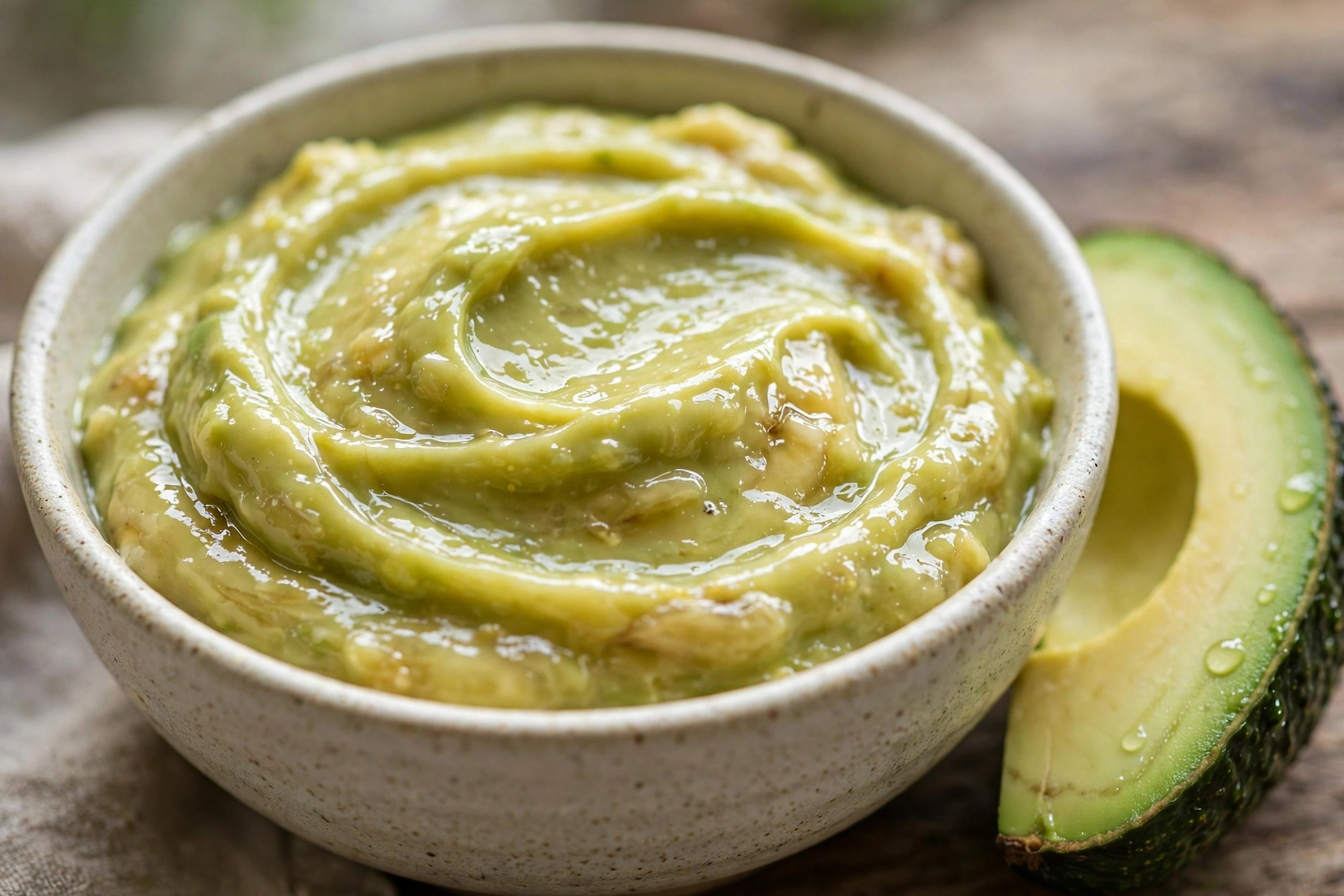 Avocado and banana overnight hair mask paste in a bowl for dry frizzy hair