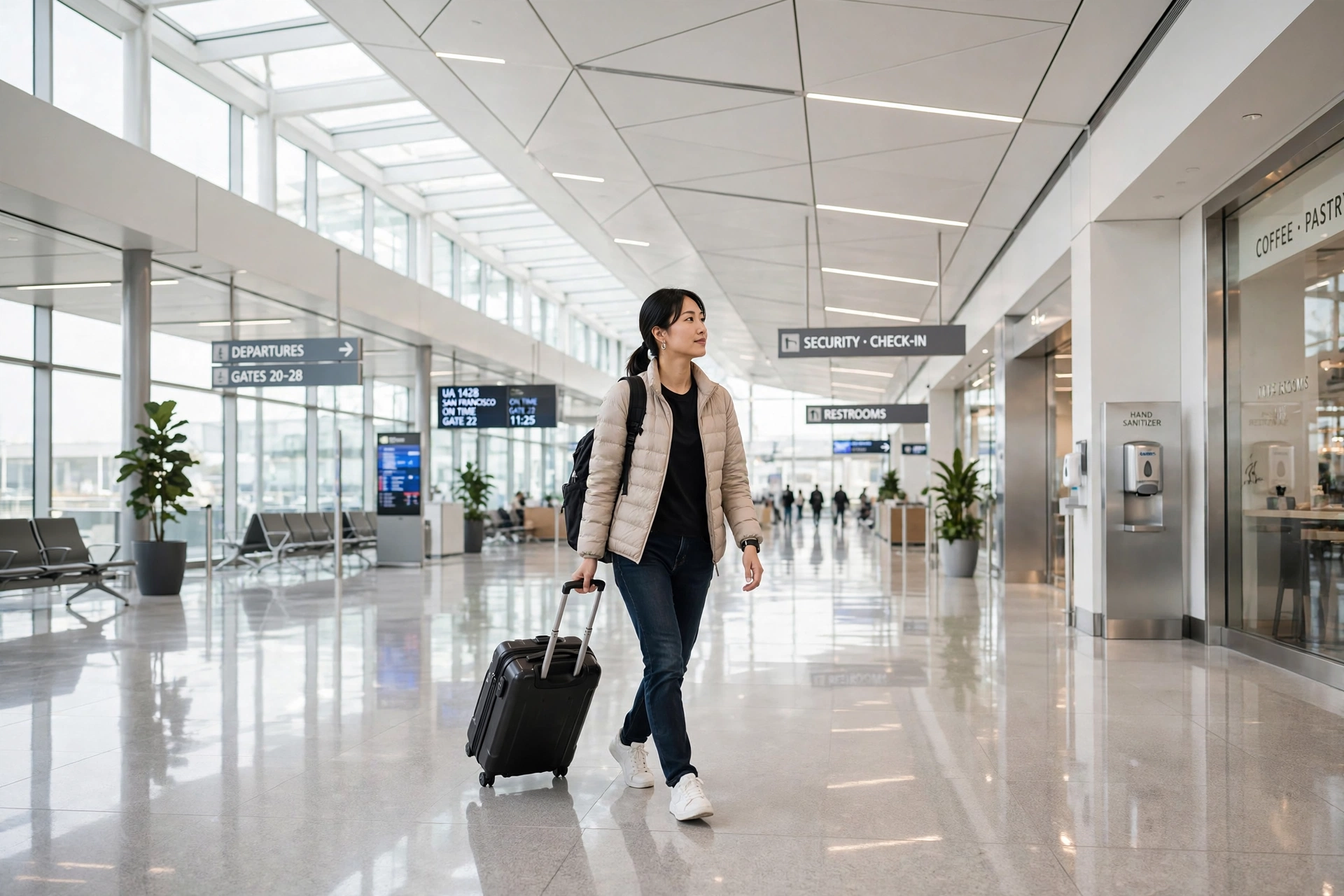 cleanest airports — traveler in modern airport terminal