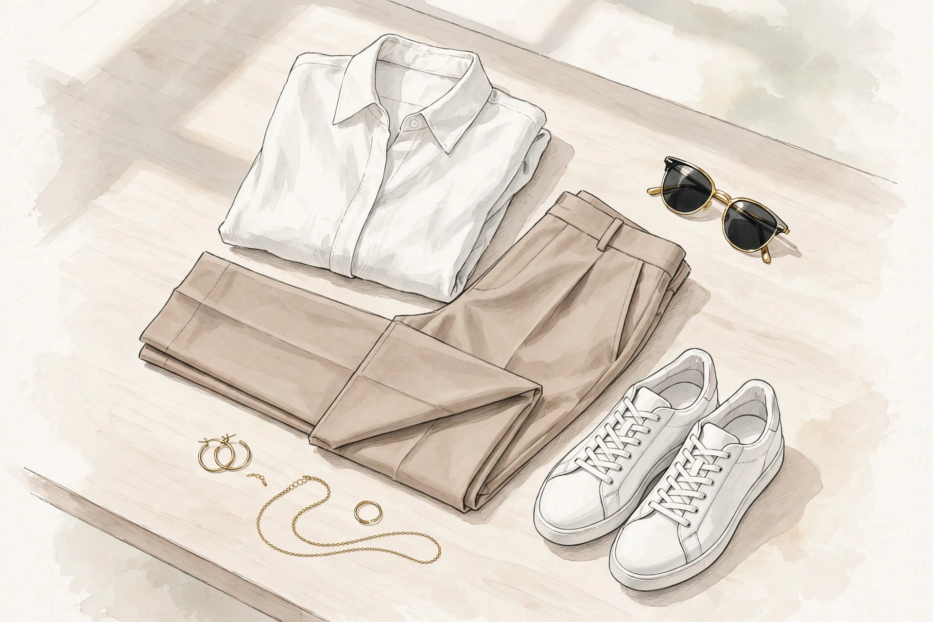 fashion mistakes - simple stylish outfit with clean shoes, minimal jewellery and sunglasses on a light table