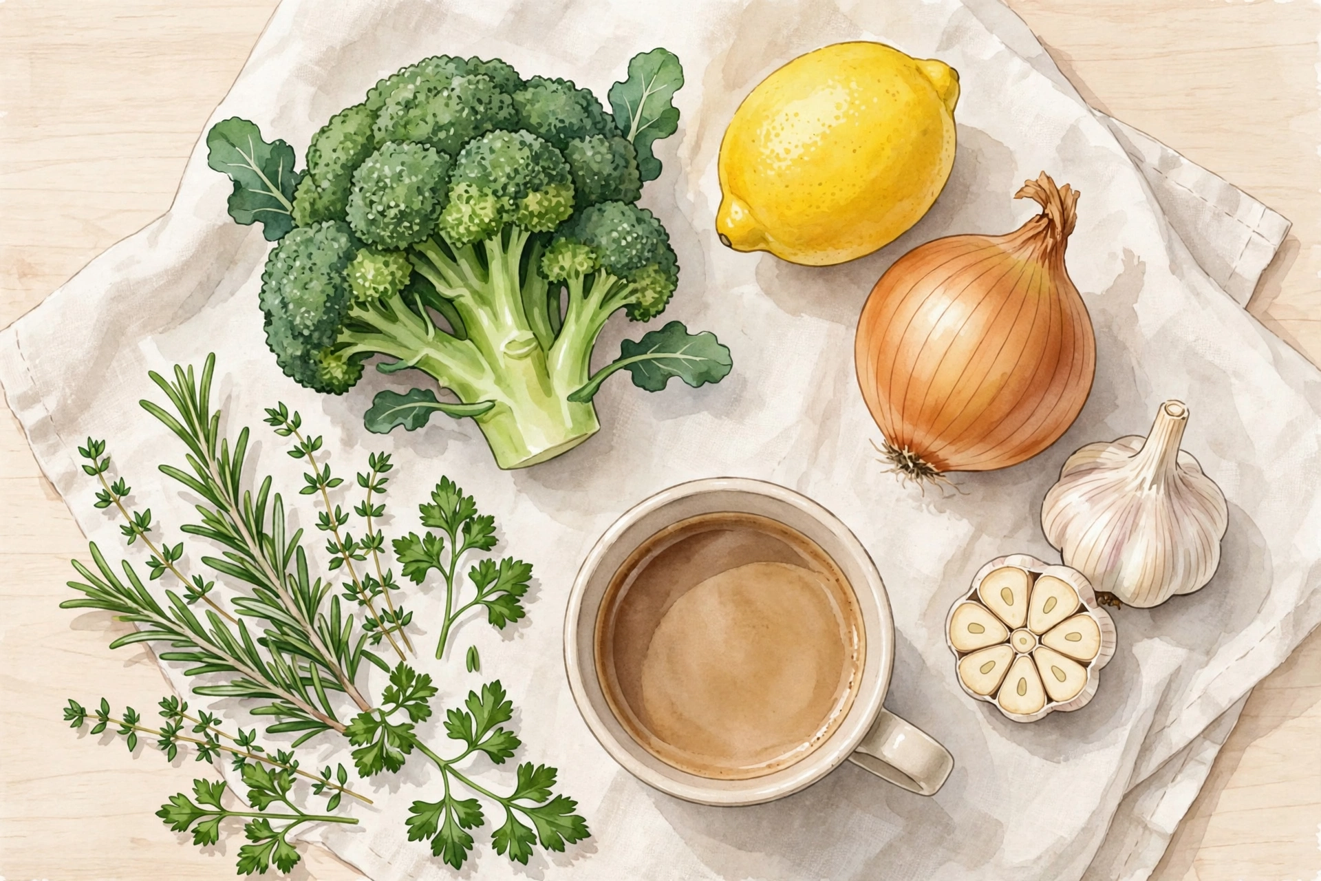 foods that make you smell bad - fresh vegetables, garlic, onion, lemon and coffee on a kitchen table