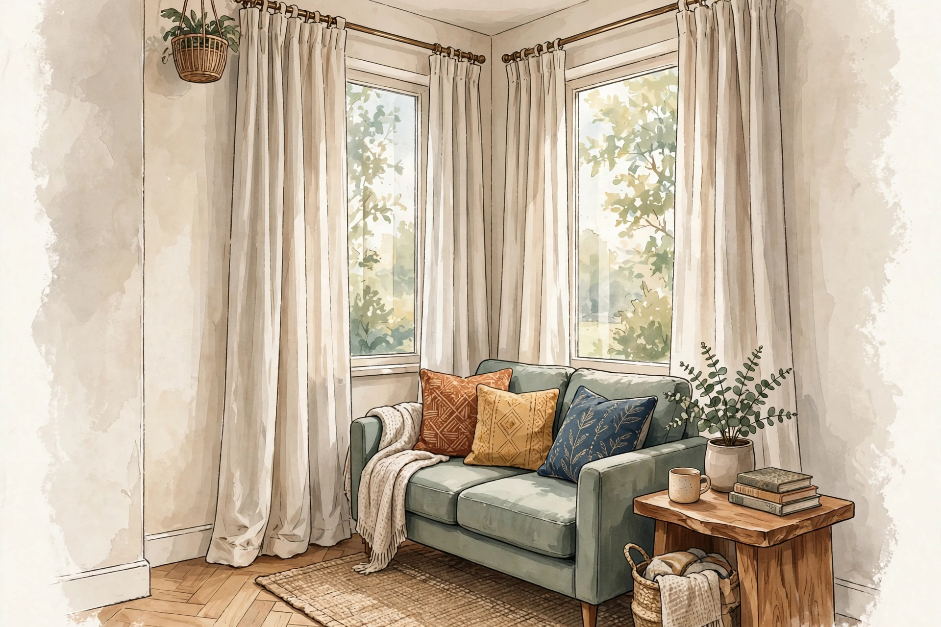 interior design mistakes - living room corner with curtains hung high, contrasting cushions and a wooden side table