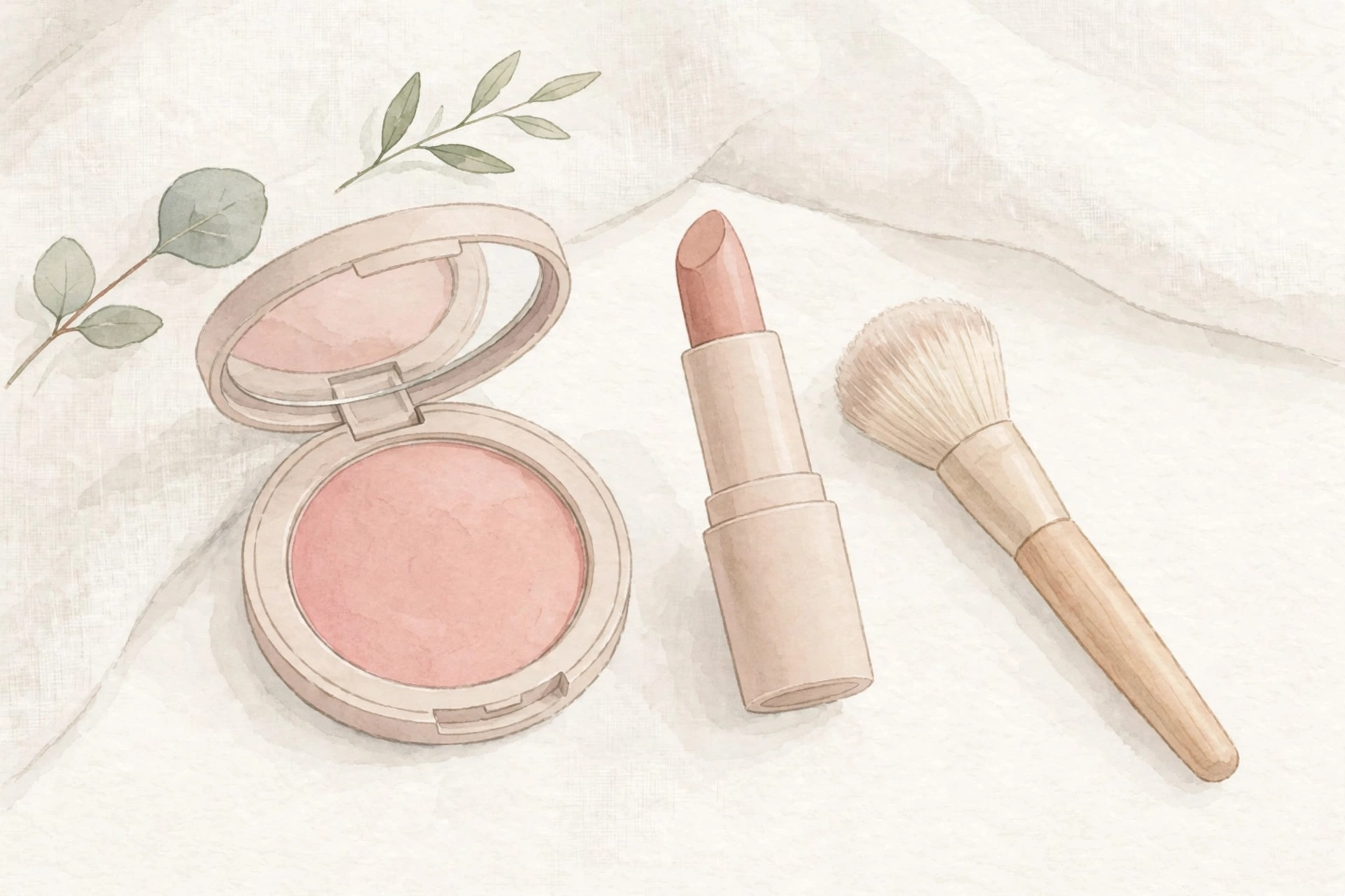 everyday beauty mistakes - natural everyday makeup with soft blush, nude lipstick and a makeup brush