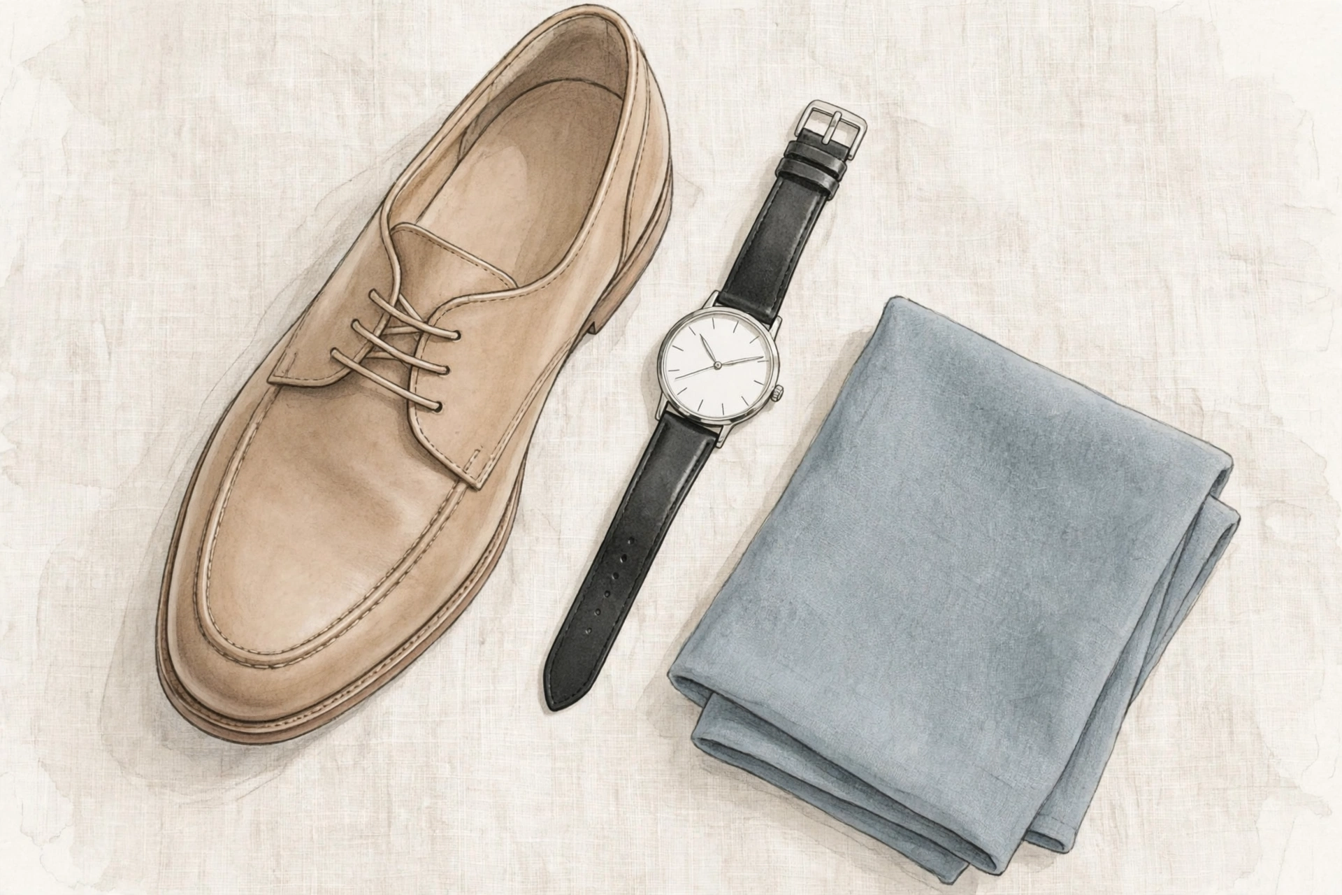 fashion mistakes - clean leather shoes, a simple watch and a microfibre cloth on a light surface