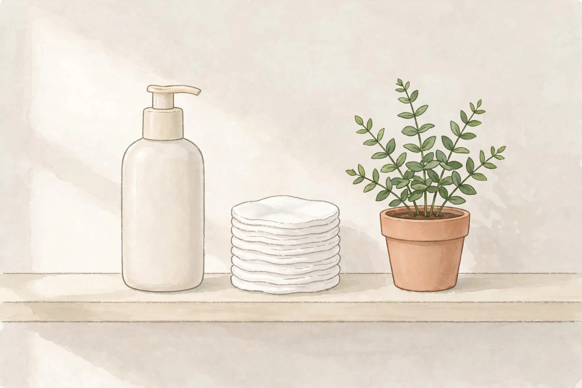 how to judge harmful beauty procedures - gentle skincare routine with lotion, cotton pads and a plant