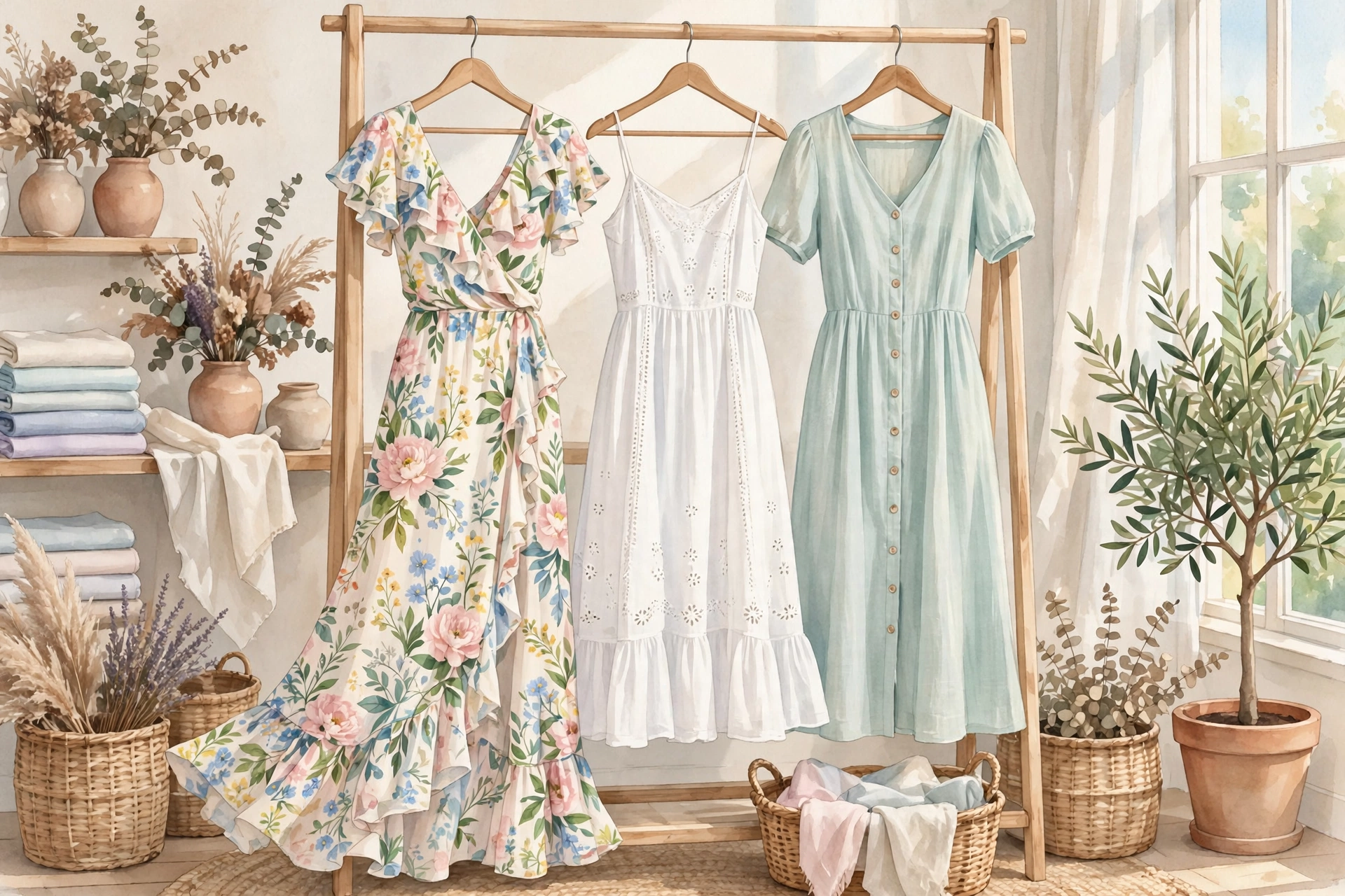 Summer dress trends — breezy dresses on a rack in a sunny boutique