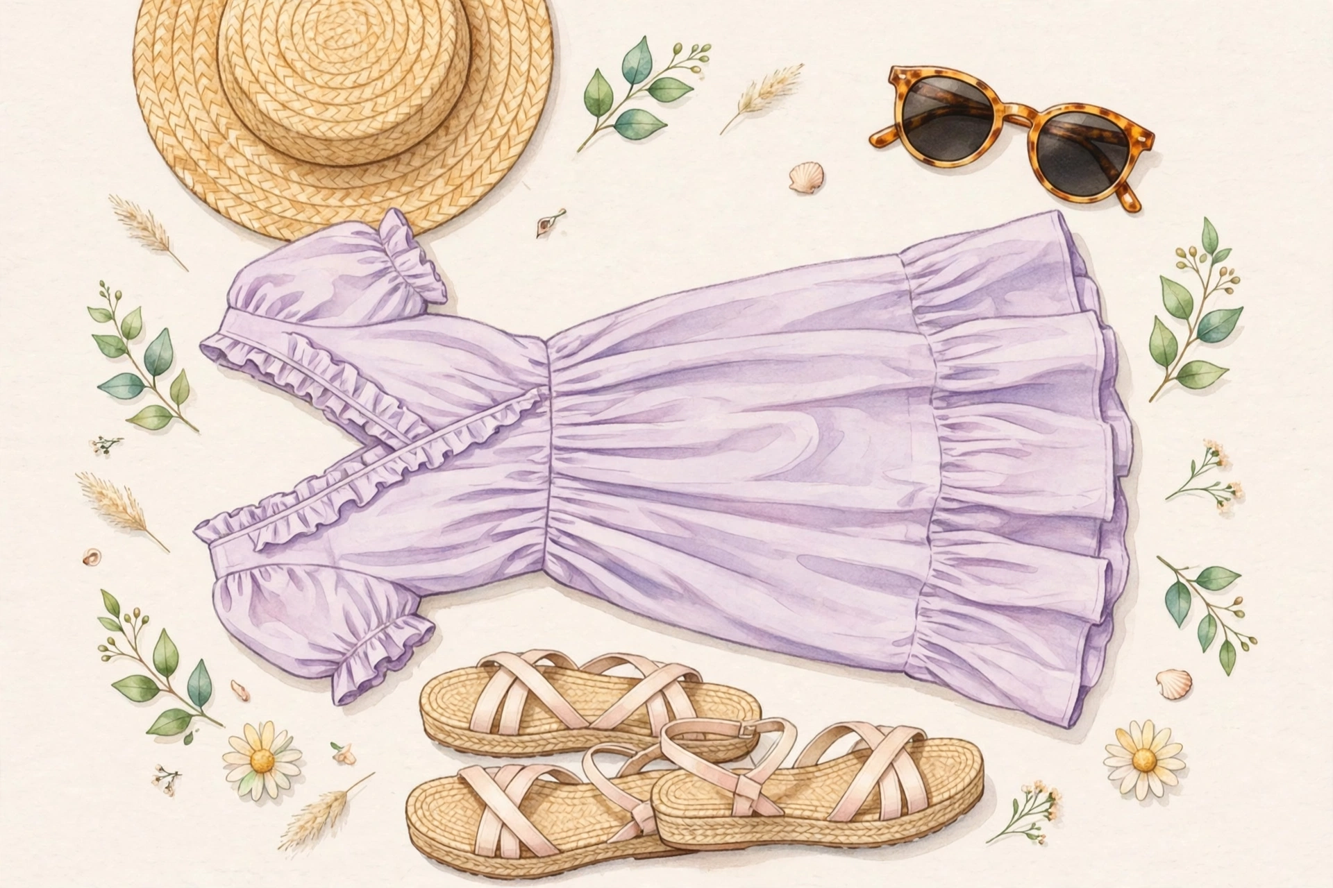 Summer dress trends flat lay with dress, hat, sunglasses and sandals