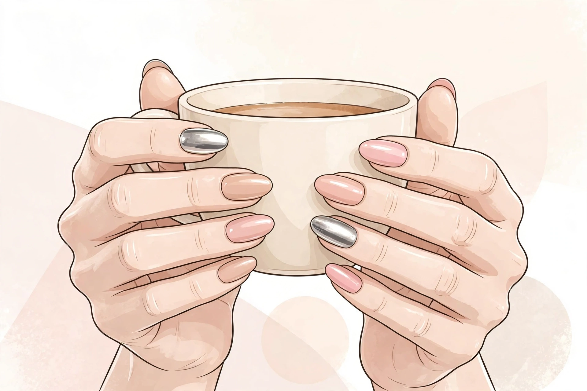 Gel manicure ideas — chic glossy gel nails holding a coffee cup