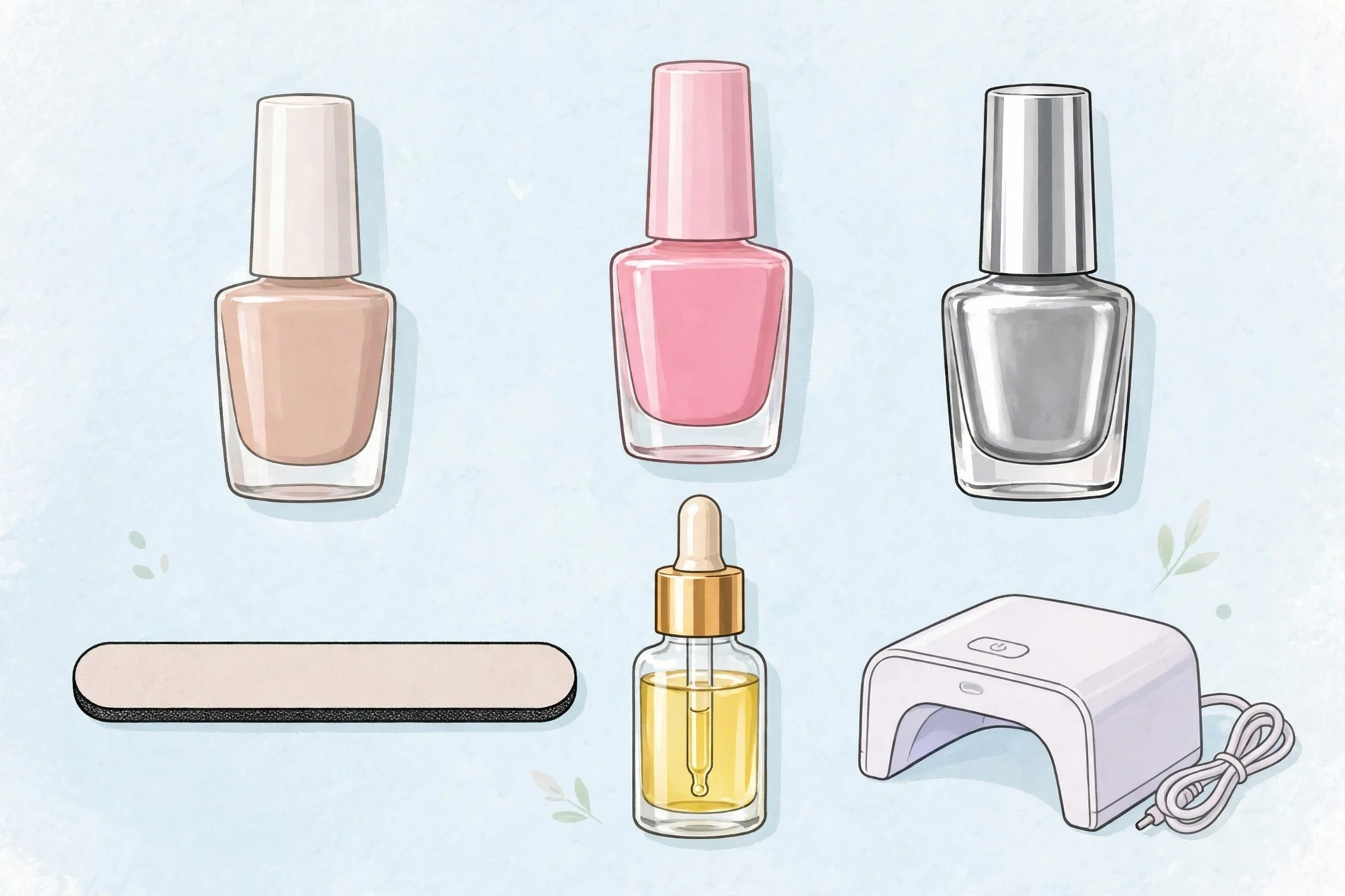 Gel manicure ideas — polish bottles, nail file, cuticle oil and UV lamp