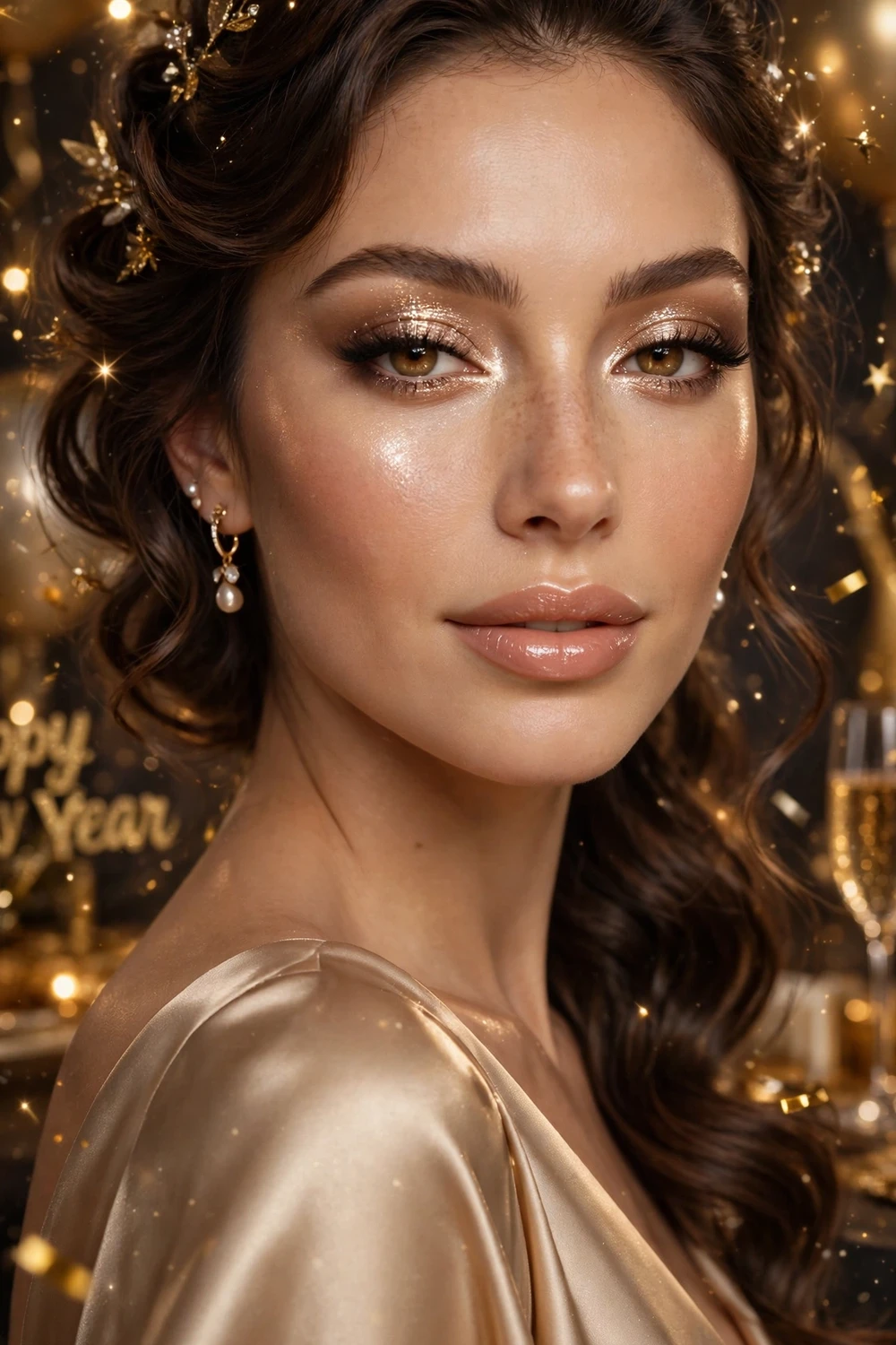 Champagne shimmer New Year party makeup for a satin gown