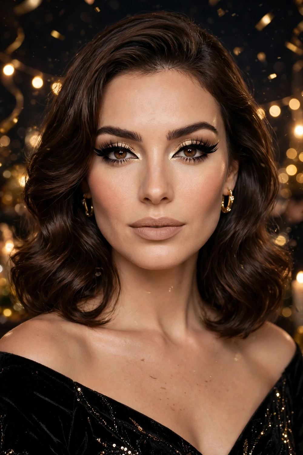 Winged eyeliner and lashes New Year party makeup look