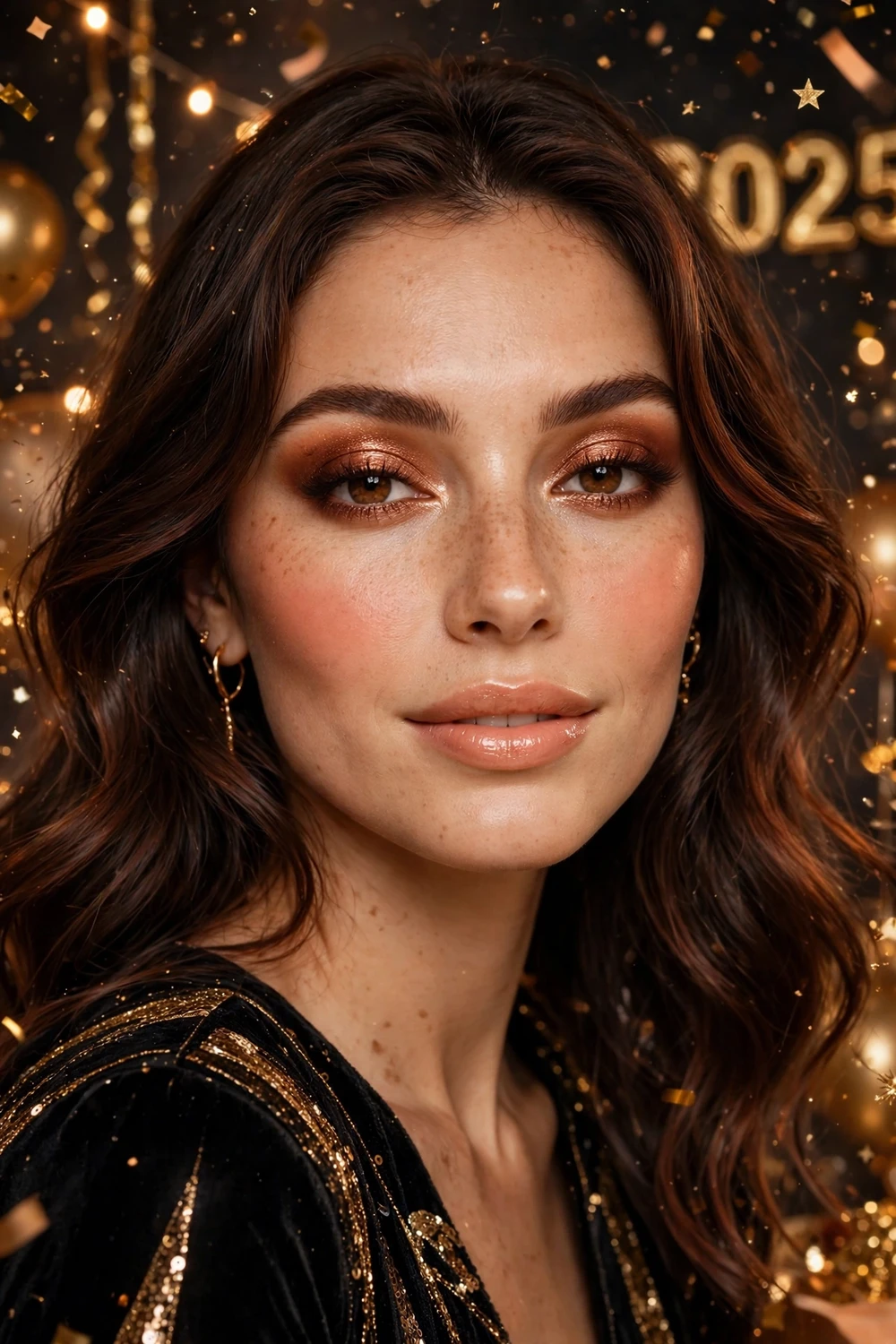 Copper bronze New Year party makeup look for winter skin