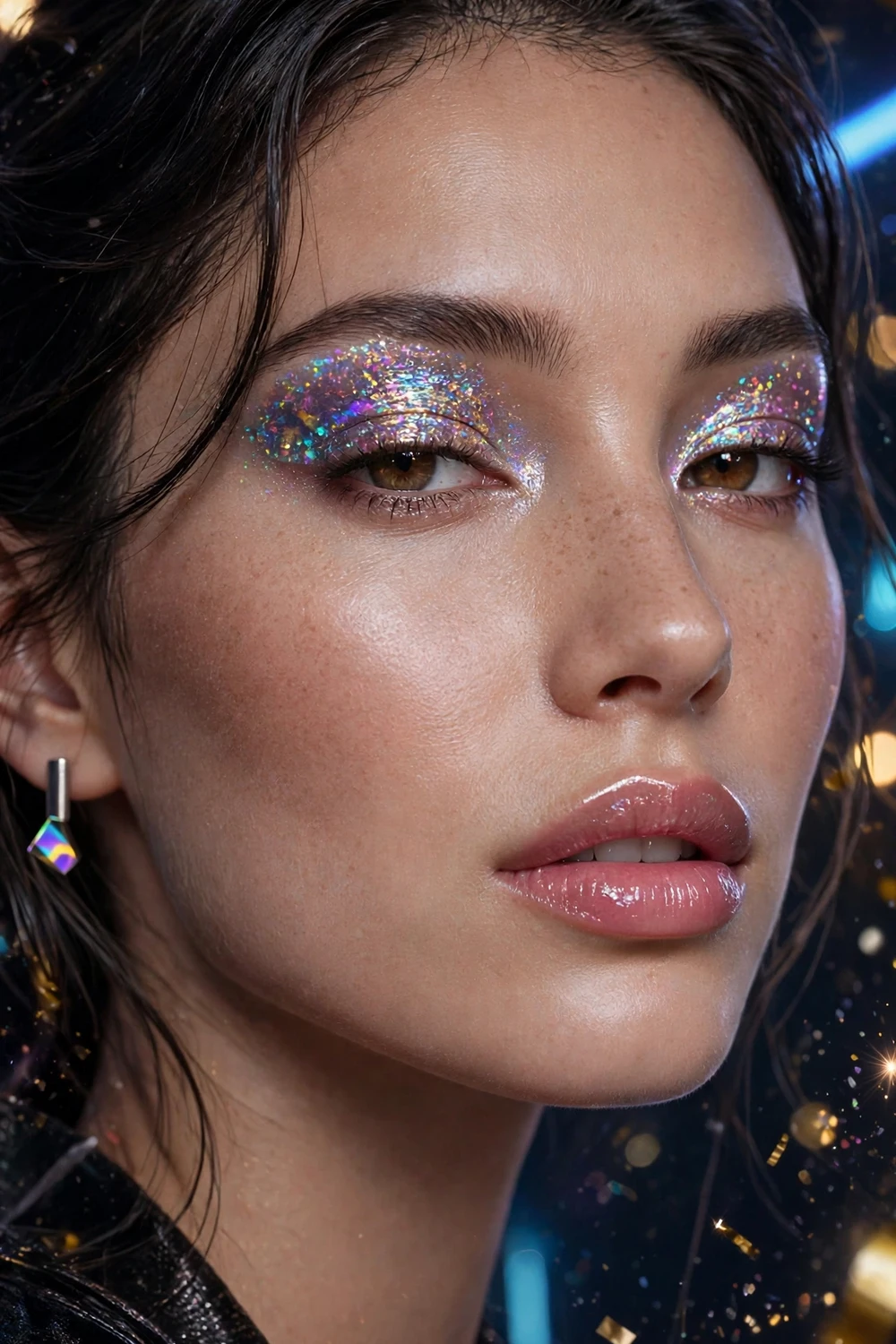 Holographic glitter New Year party makeup look