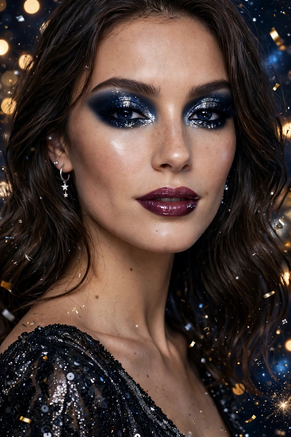 Midnight blue smokey eyes New Year party makeup look