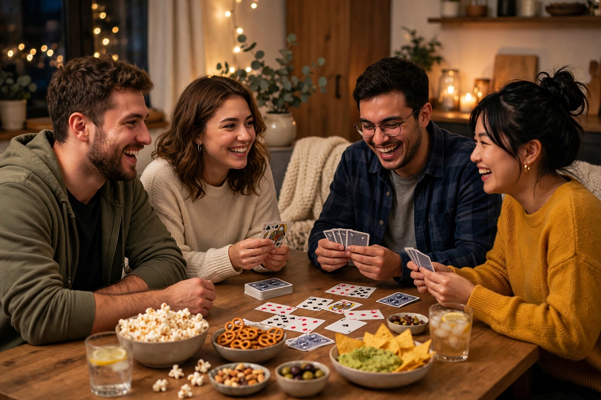 Friends playing a question card game during game night with questions to get to know someone