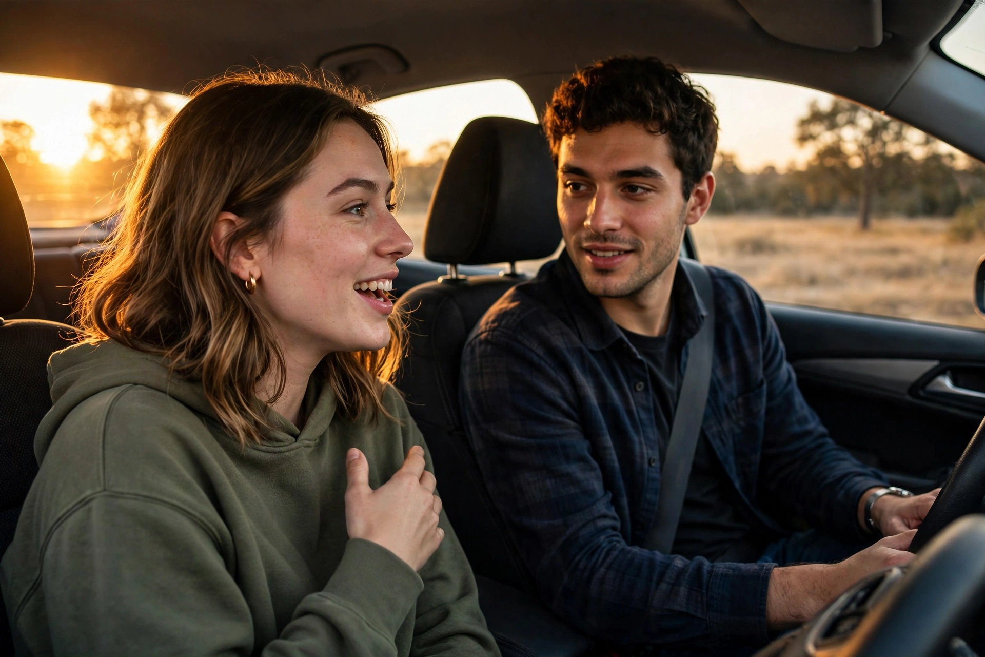 Friends on a road trip asking fun questions to get to know someone during the drive