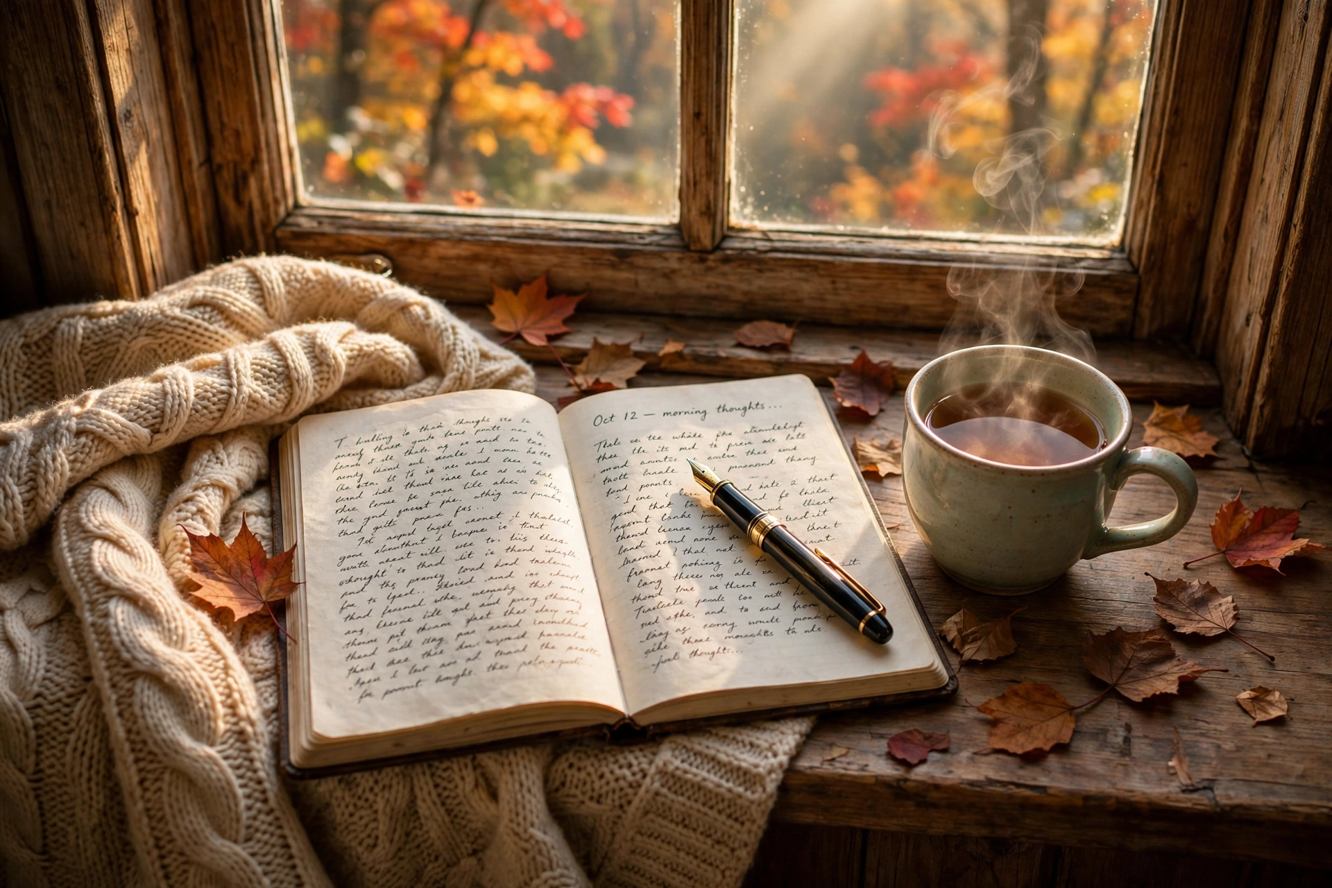 Journaling by an autumn window with a cup of tea — a mindful autumn self-care idea