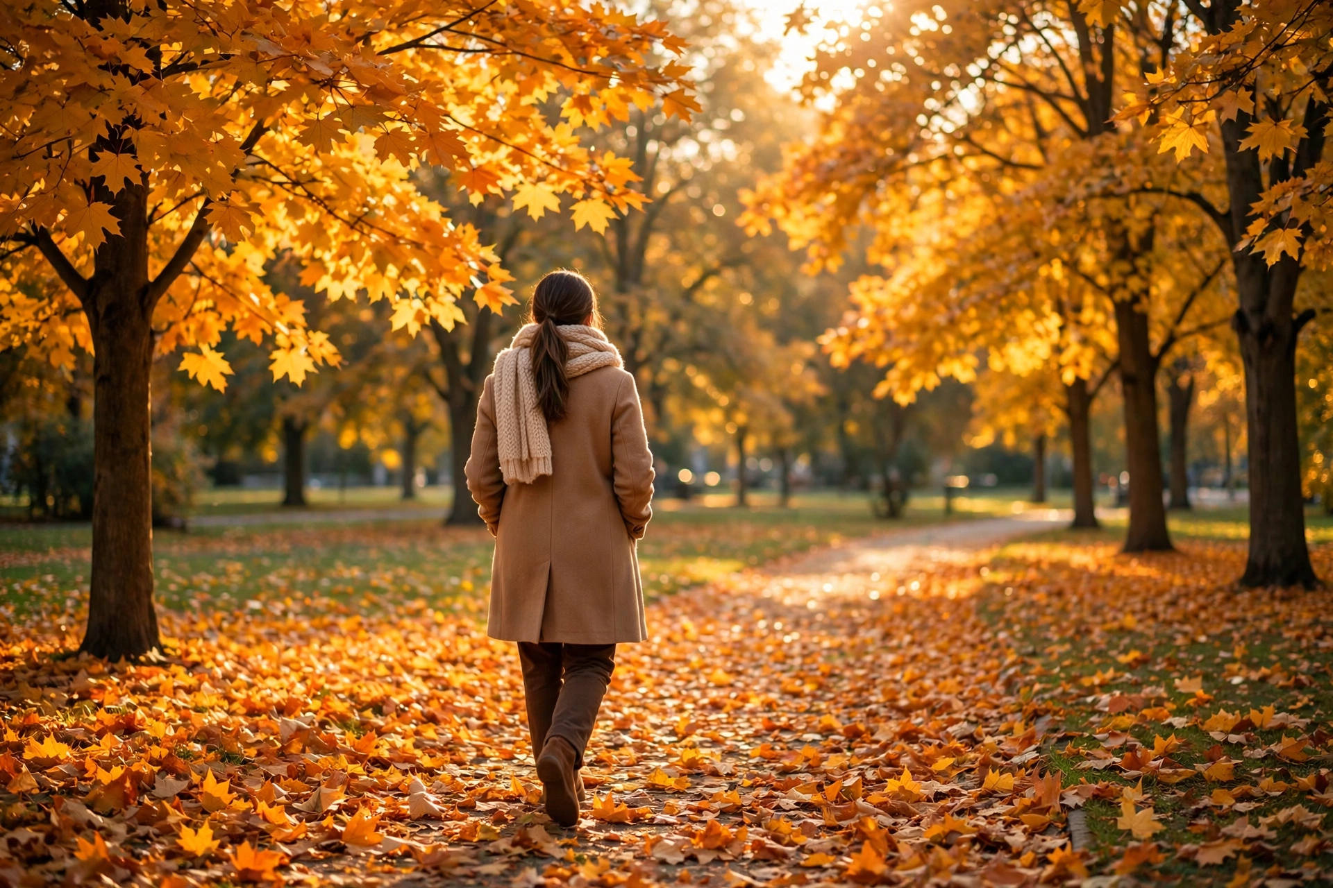 Peaceful autumn walk among falling leaves — a simple outdoor autumn self-care idea