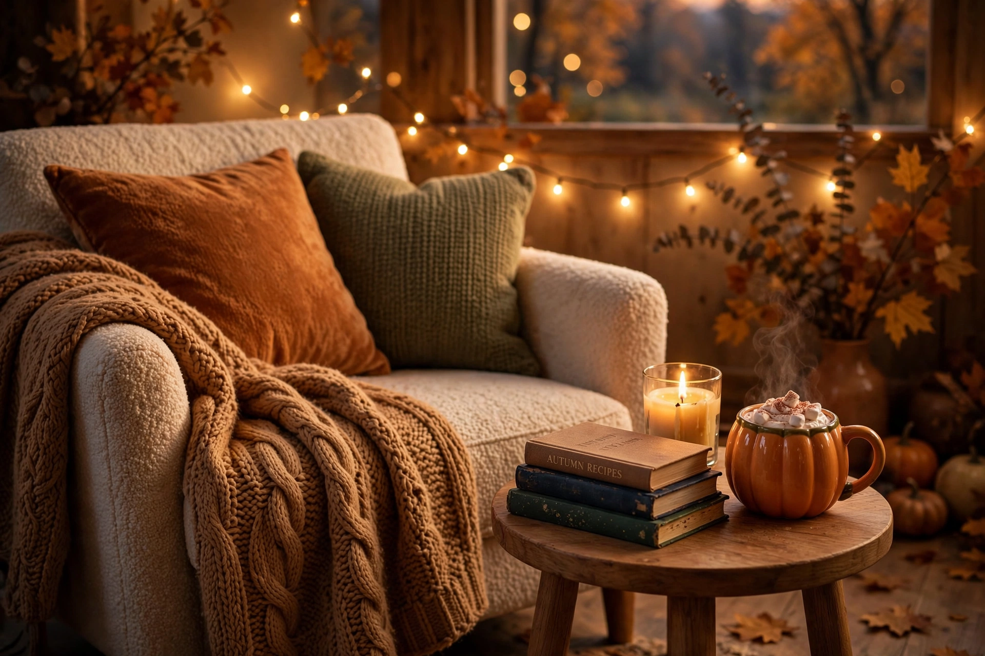 Cosy reading nook with candles and hot cocoa — an inviting autumn self-care idea