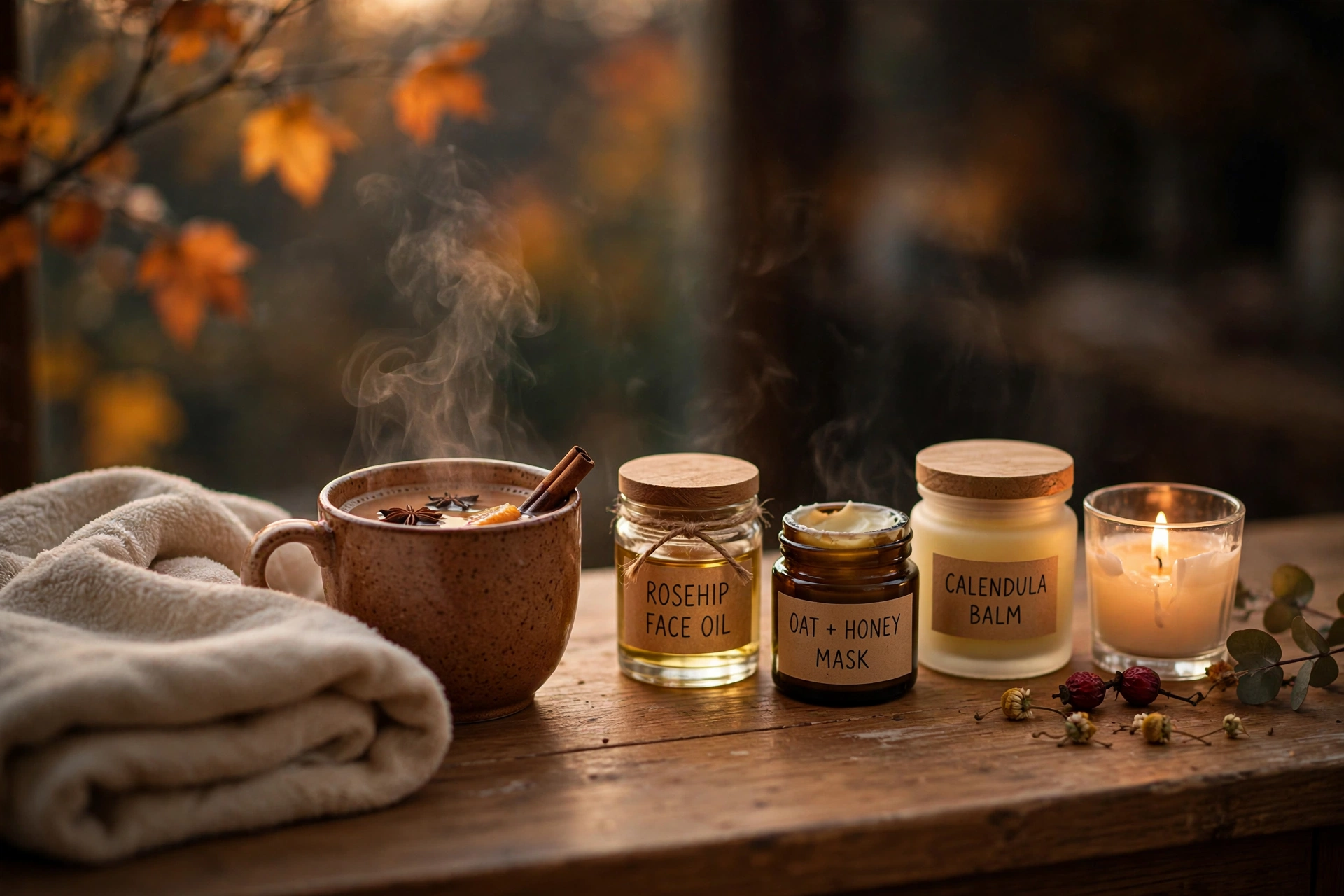 Evening skincare ritual with candle and spiced chai — a calming autumn self-care idea
