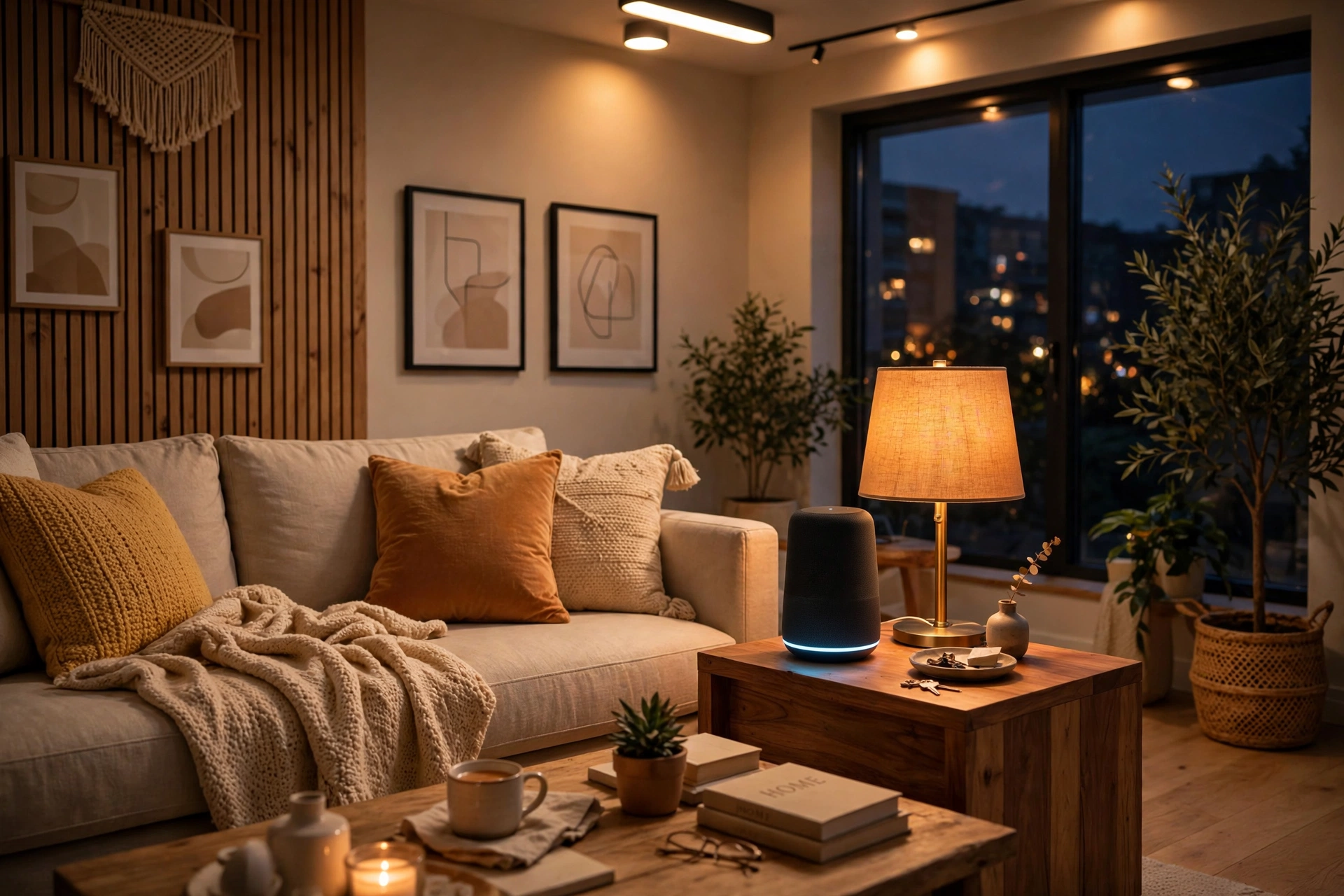 Best smart home gadgets 2026 in a cozy living room with smart speaker and warm lighting