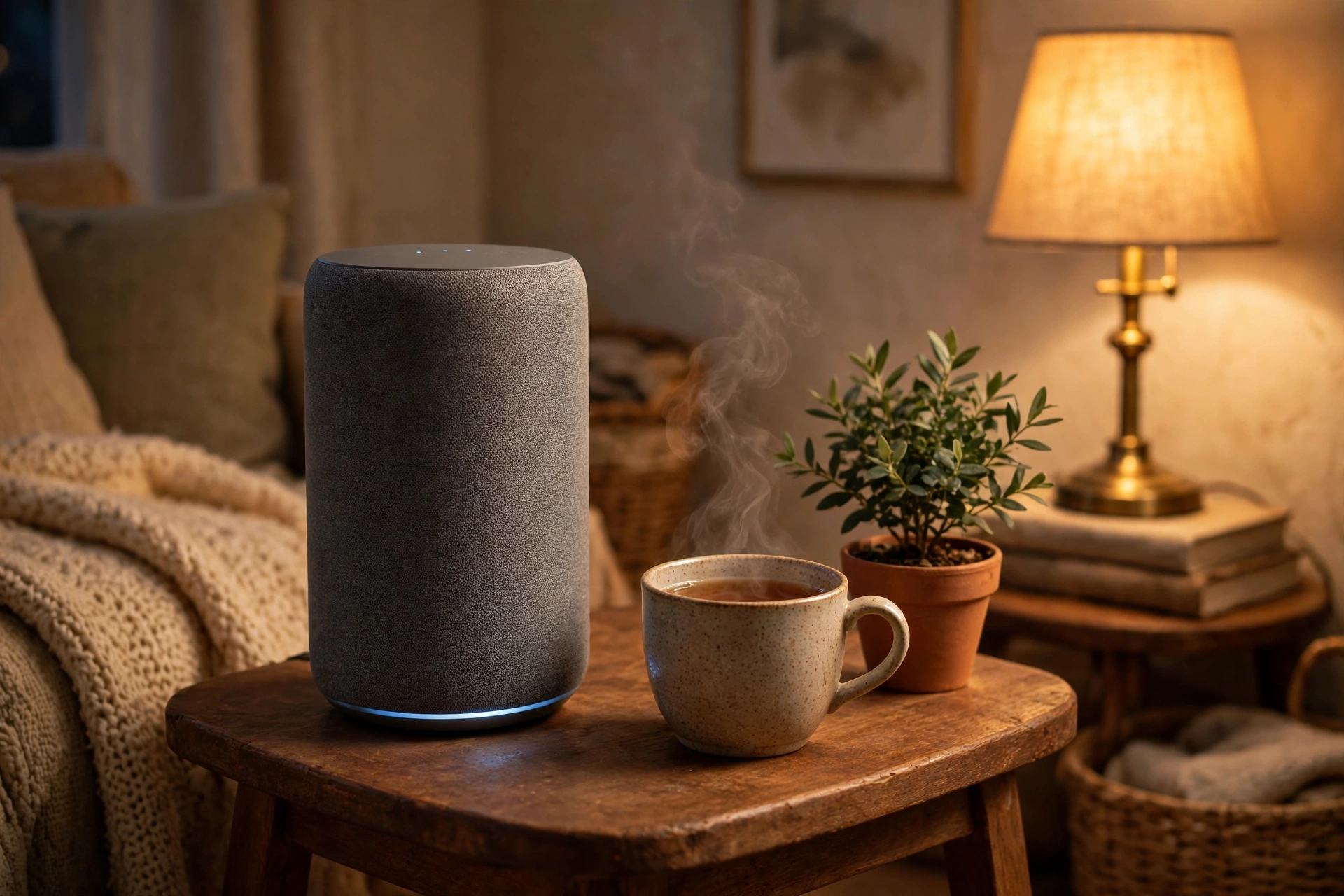 Smart speaker on cozy side table, best smart home gadgets 2026