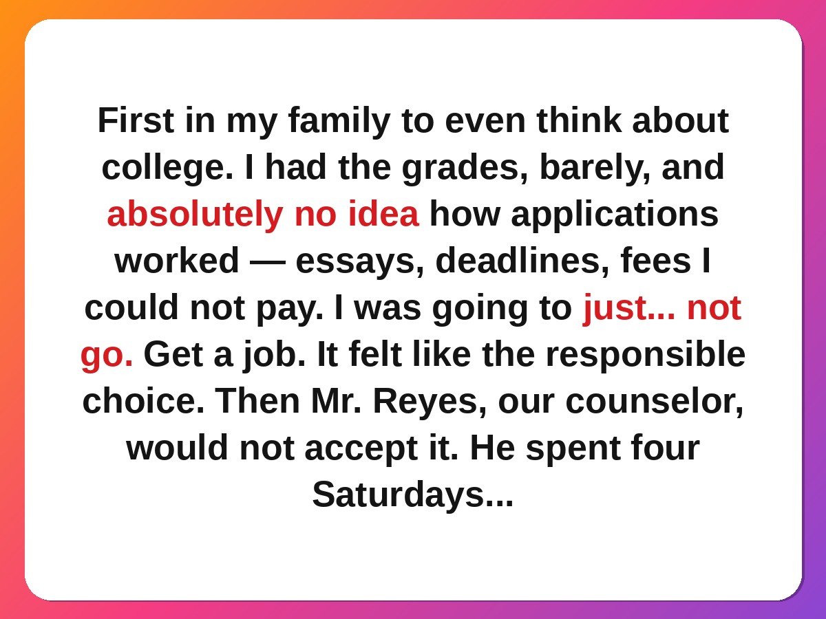 teacher kindness stories - counselor helping a first-generation student with college applications story card