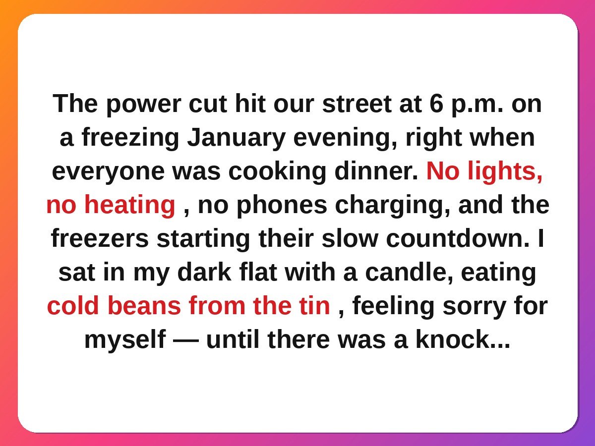 neighbour kindness stories - neighbours sharing a candlelit potluck during a power cut story card
