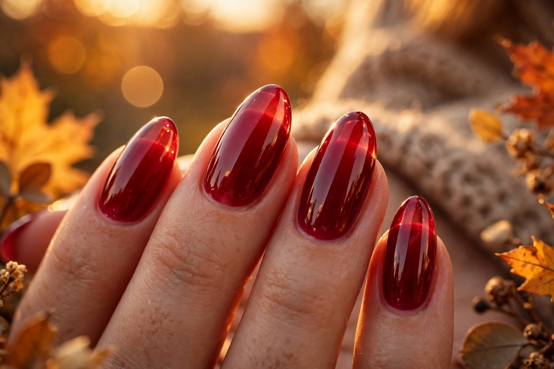 Glossy cranberry jelly nails on almond shape, one of the most loved thanksgiving nail ideas