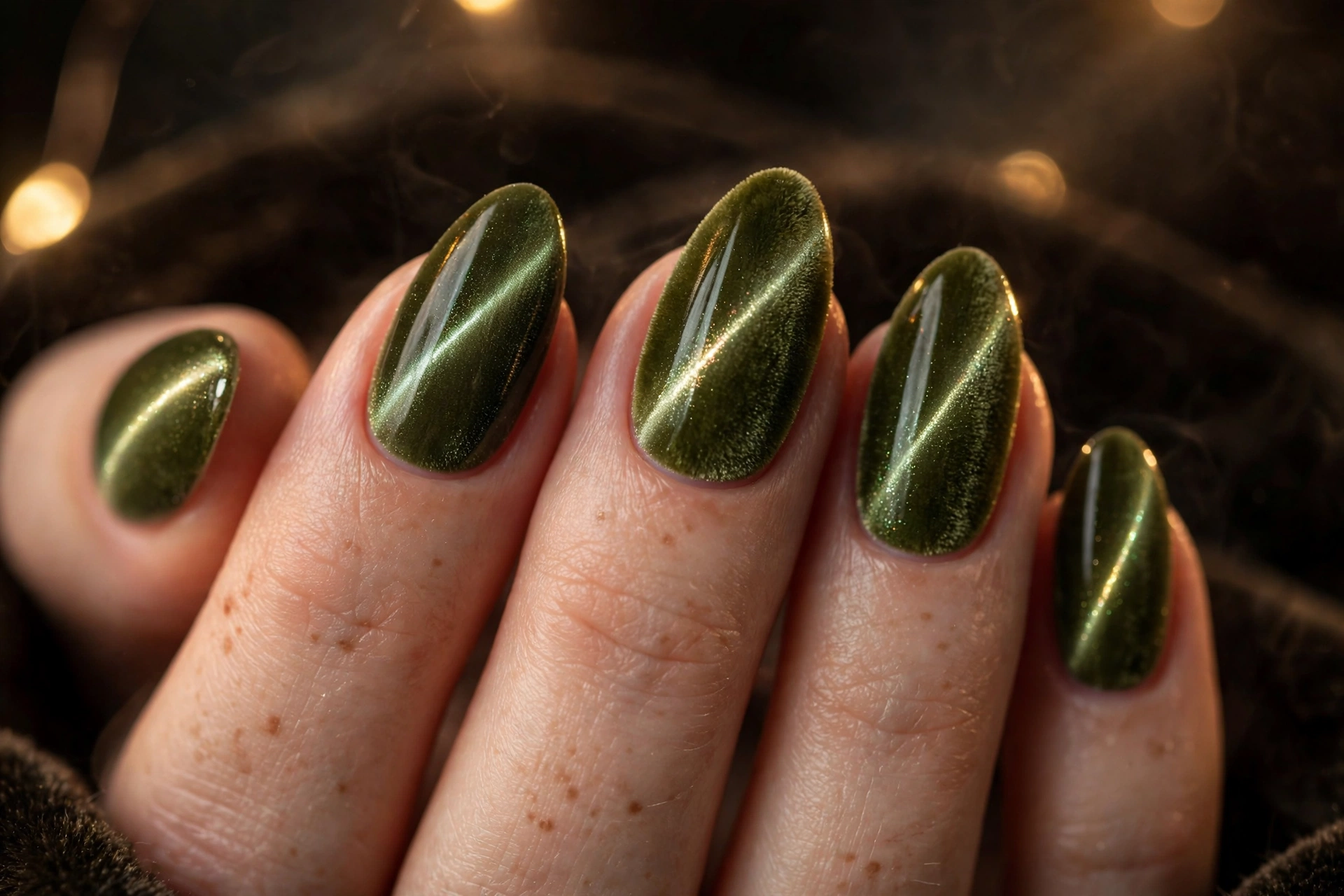 Olive green velvet cat-eye nails with magnetic shimmer, a trending pick in thanksgiving nail ideas