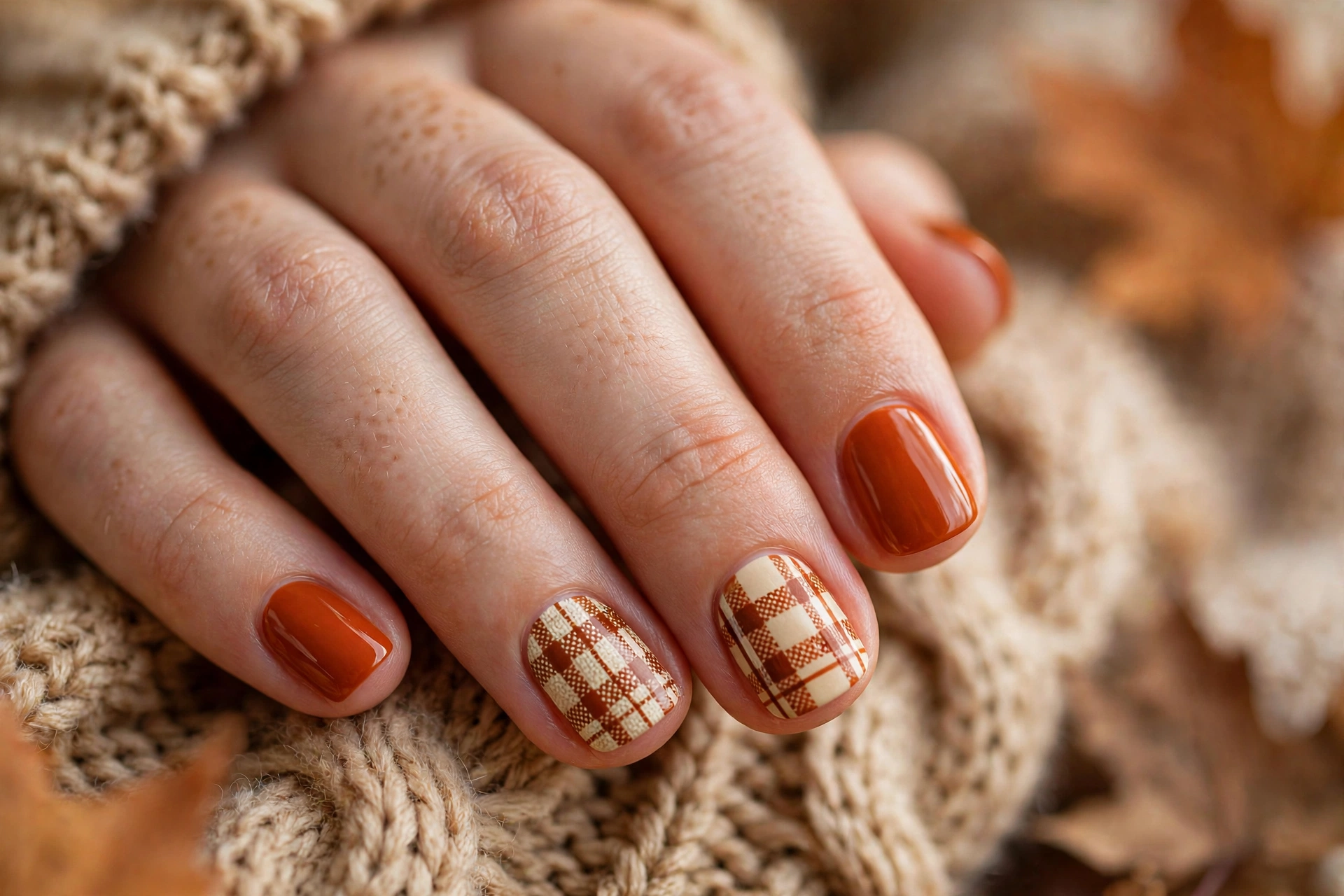 Short squoval nails with burnt-orange and cream plaid accent nail art, cute thanksgiving nail ideas for short nails