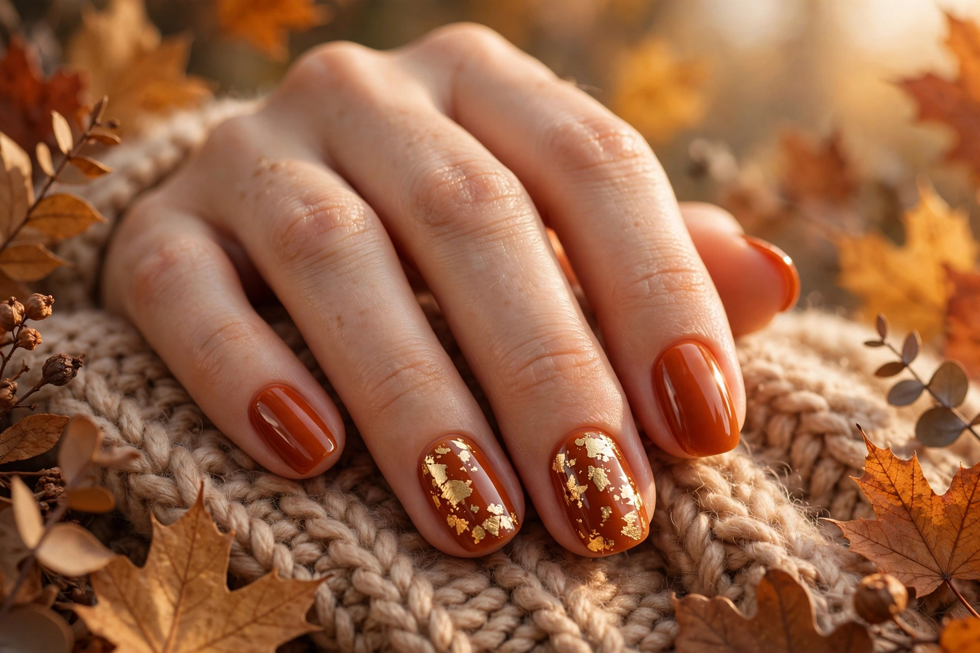 Burnt orange nails with gold foil flake accents, elegant thanksgiving nail ideas for the holiday table