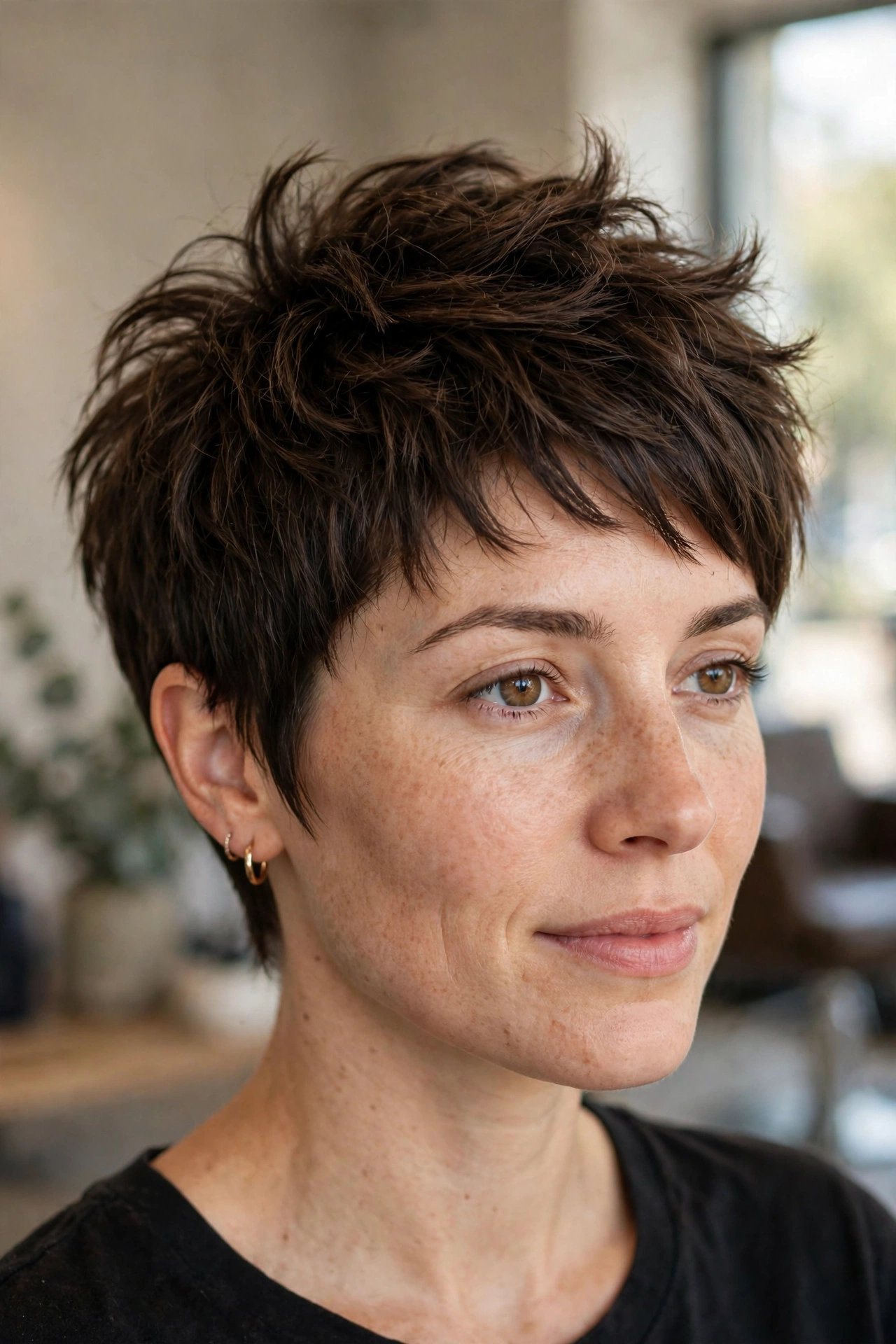 Textured pixie hairstyle for thin hair with piecey layers and crown lift