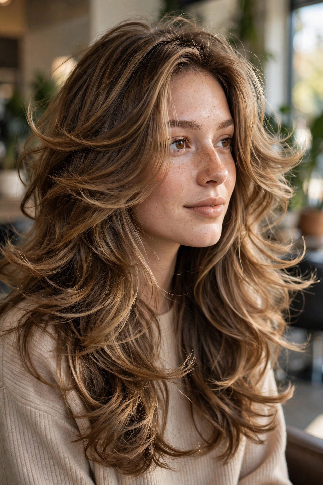 Butterfly layers hairstyle for thin hair with face-framing volume