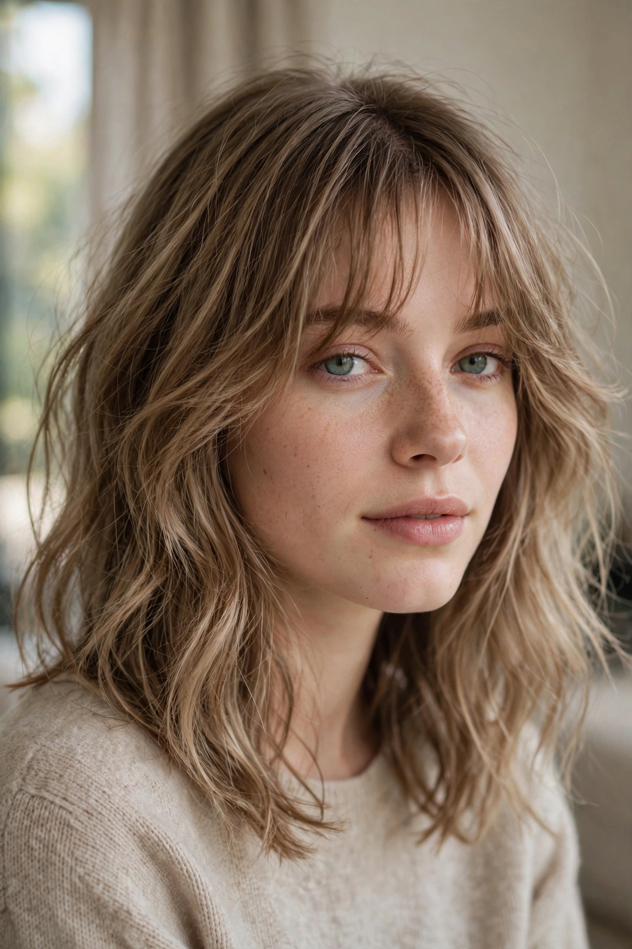 Wispy curtain bangs with tousled waves, a volume-boosting hairstyle for thin hair