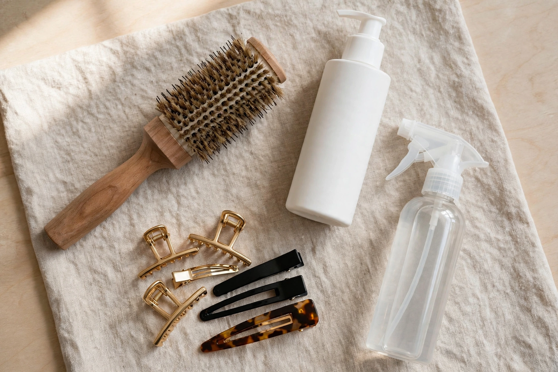 Volume styling tools for hairstyles for thin hair - round brush, mousse and clips