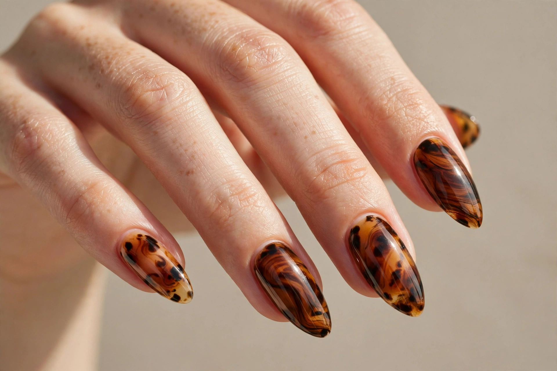 Classic glossy tortoiseshell nails in amber and honey tones on almond-shaped nails