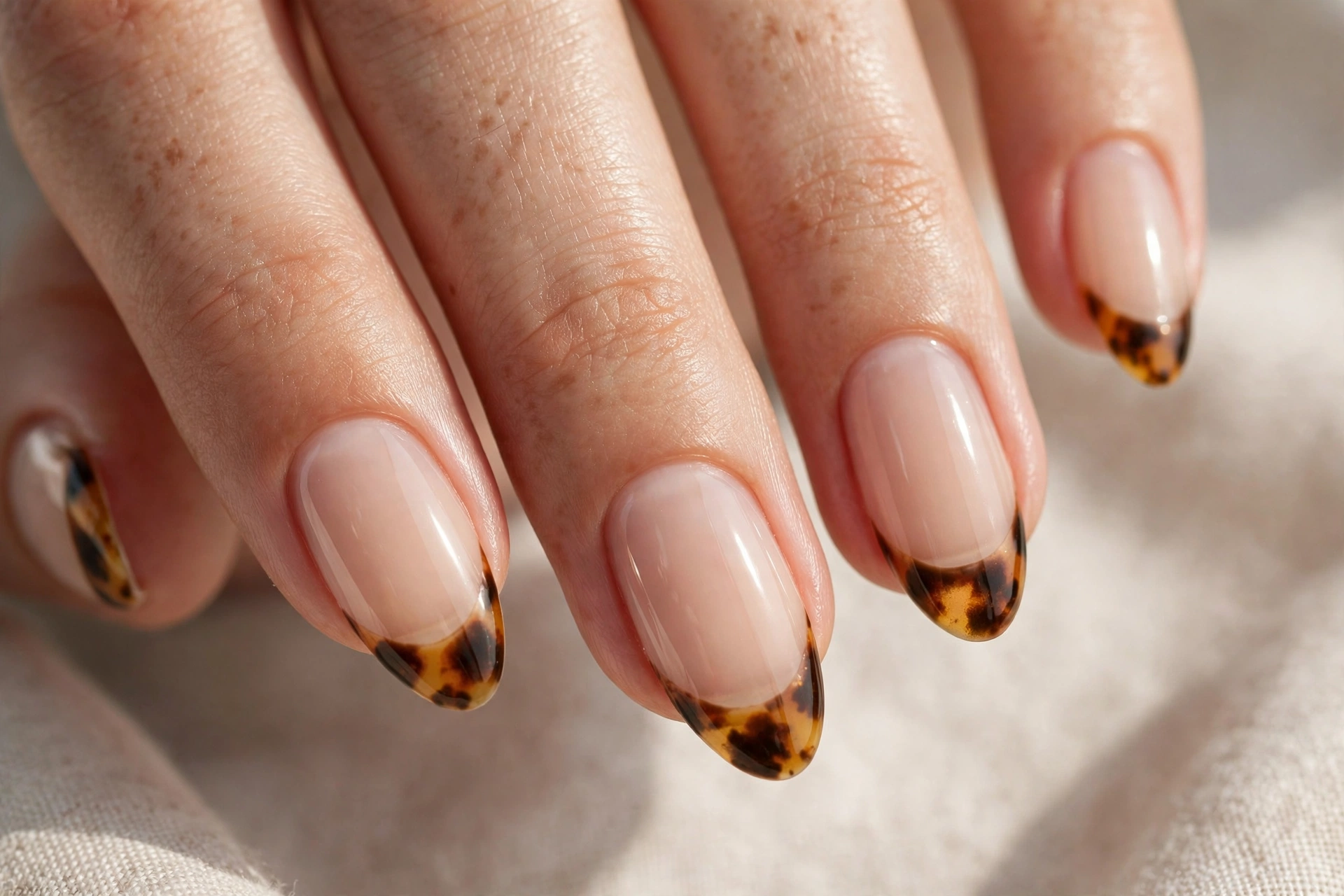 Tortoiseshell nails French tips with amber tortoiseshell pattern on a nude base