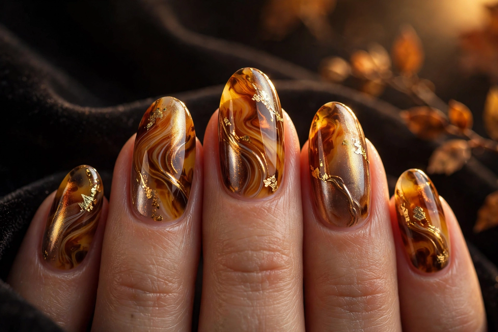 Tortoiseshell nails with gold foil and chrome accents, luxurious autumn manicure