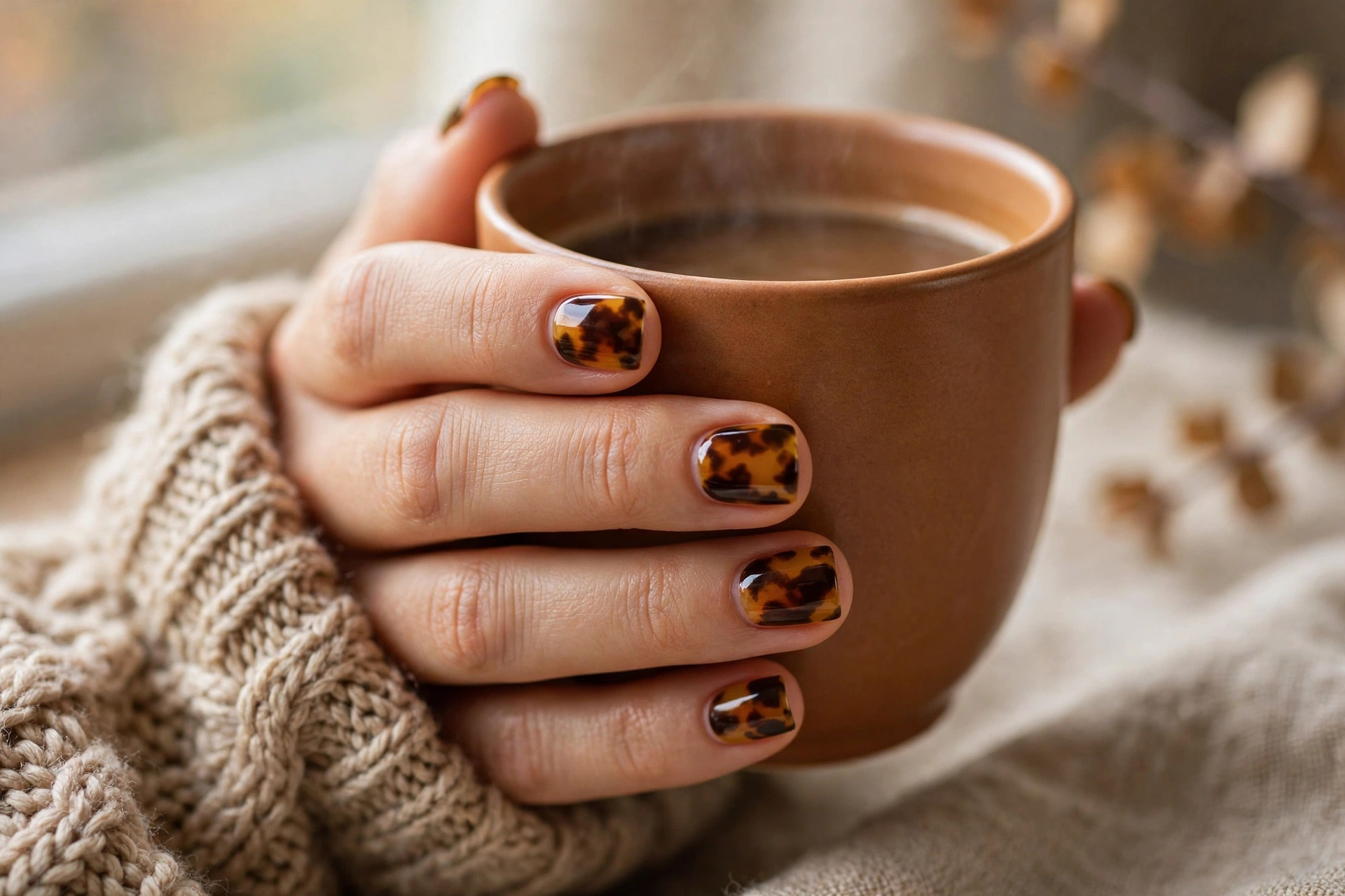Short square tortoiseshell nails with neat amber and brown pattern, minimal autumn manicure