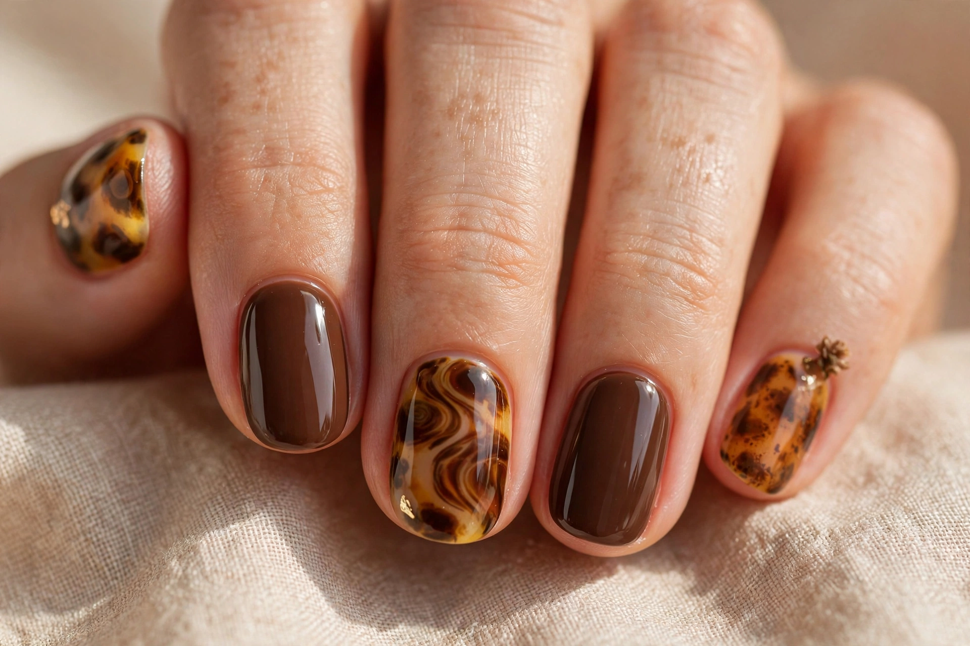Mix-and-match tortoiseshell nails paired with chocolate brown nails, bold autumn manicure